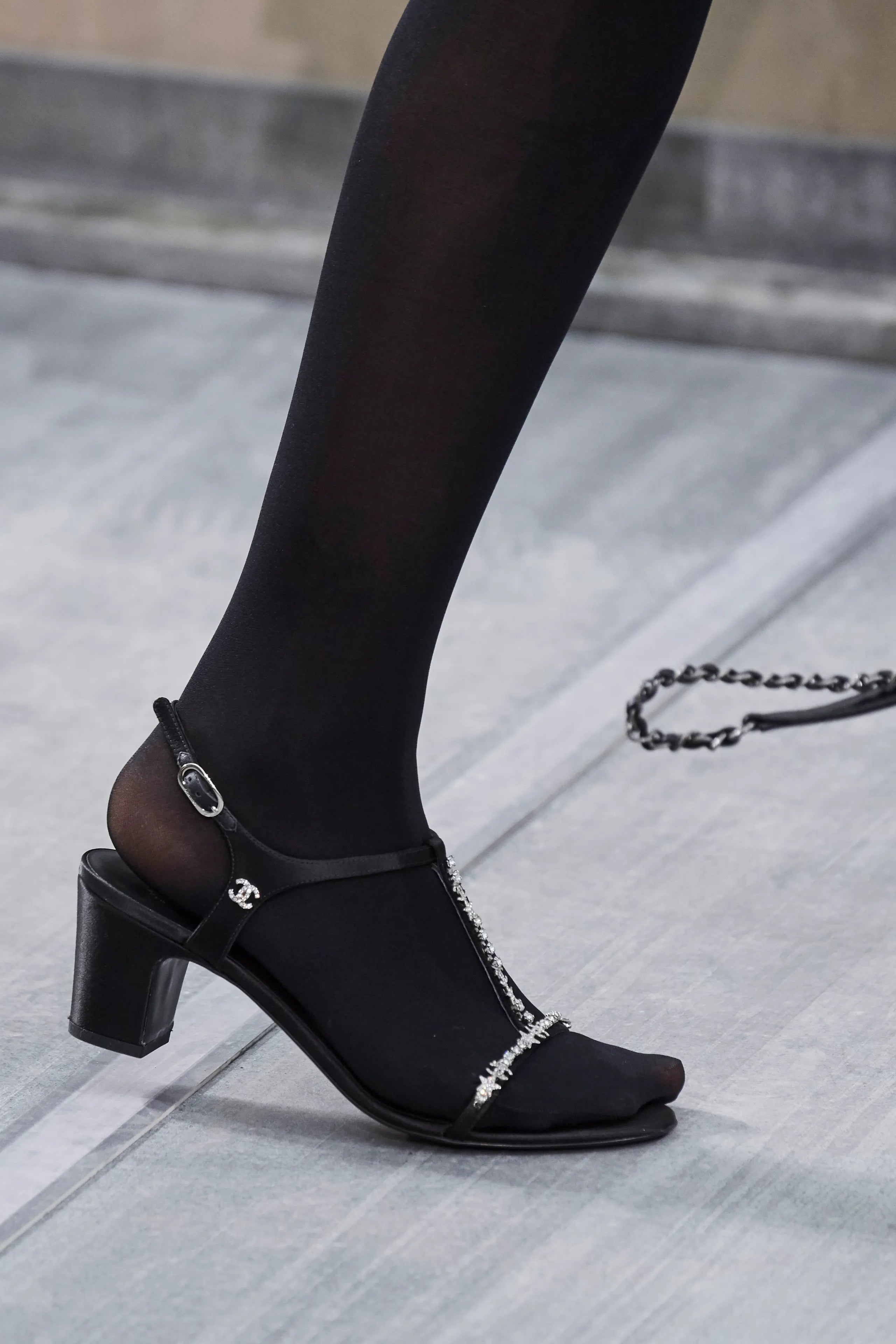Chanel Runway Satin Crystal Embellished Block Heel Sandals