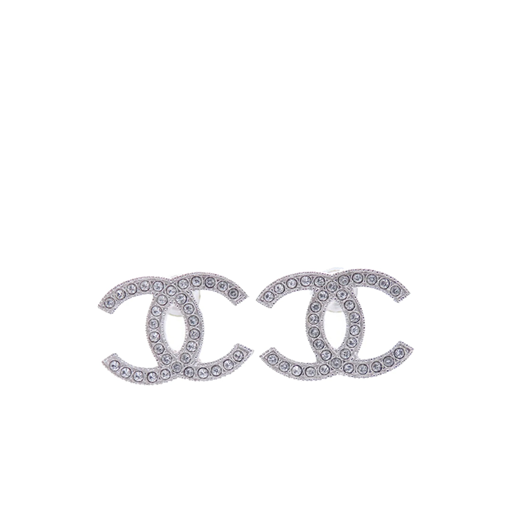 Chanel CC Silver Rhinestone Stud Earrings