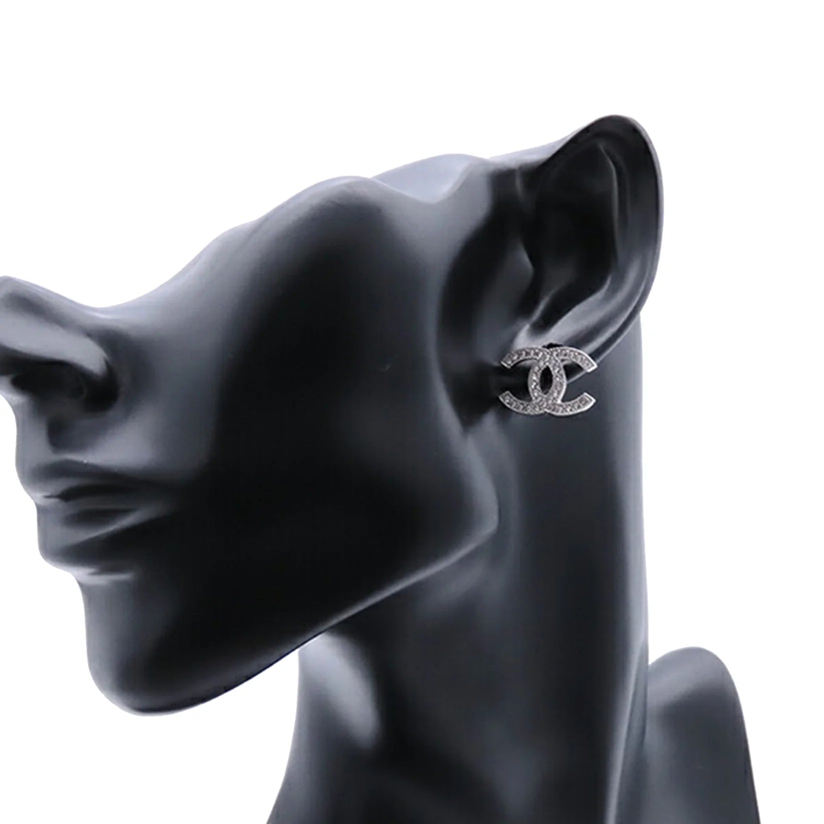Chanel CC Silver Rhinestone Stud Earrings