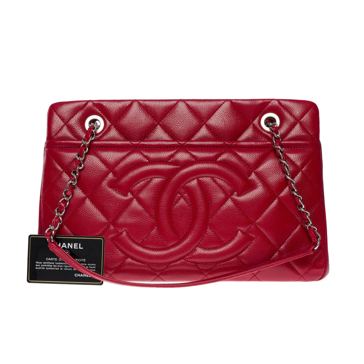 Chanel Quilted Caviar Leather CC Tote Red