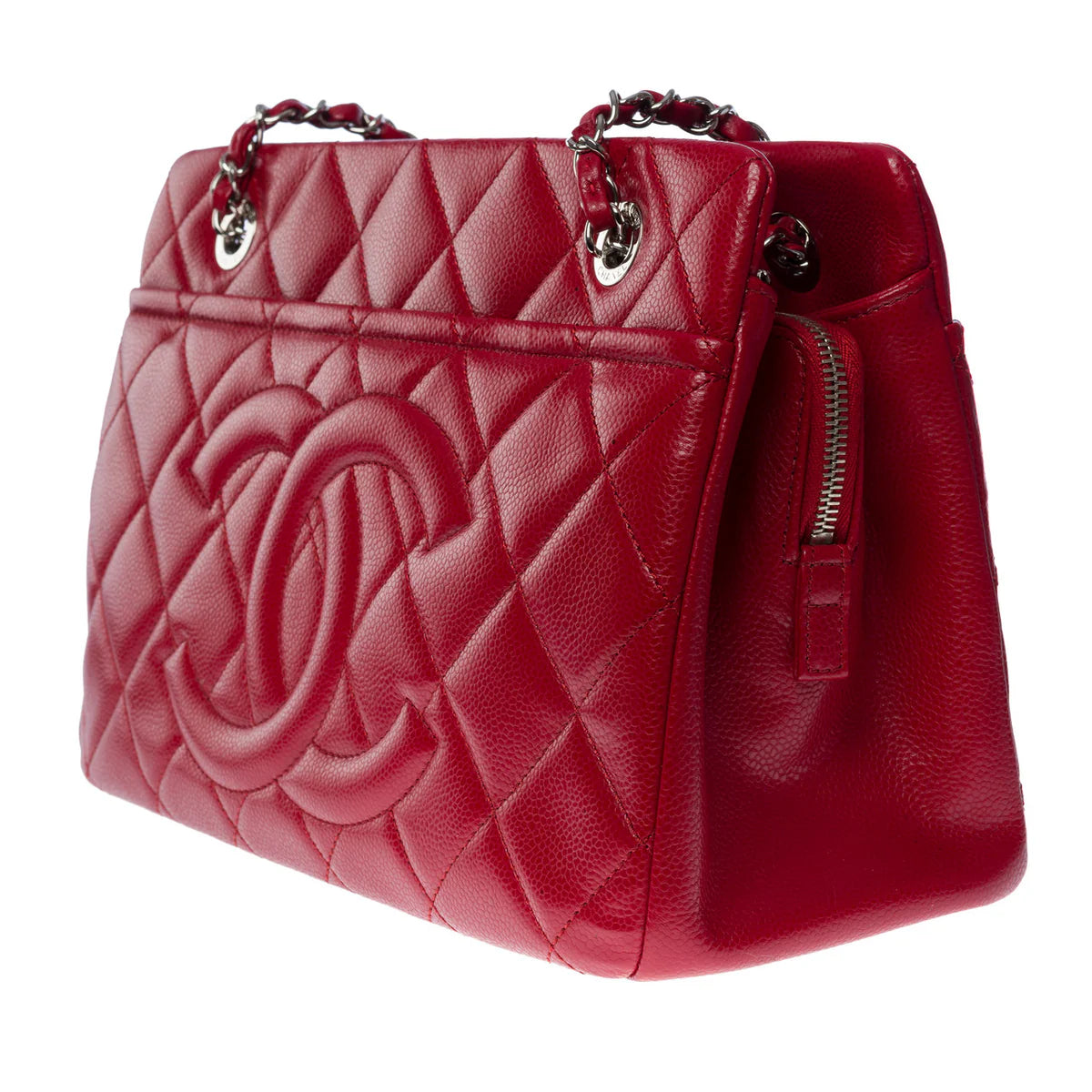 Chanel Quilted Caviar Leather CC Tote Red