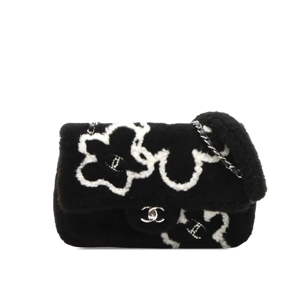 Chanel Shearling Camellia Pearl Embellished Flap Bag