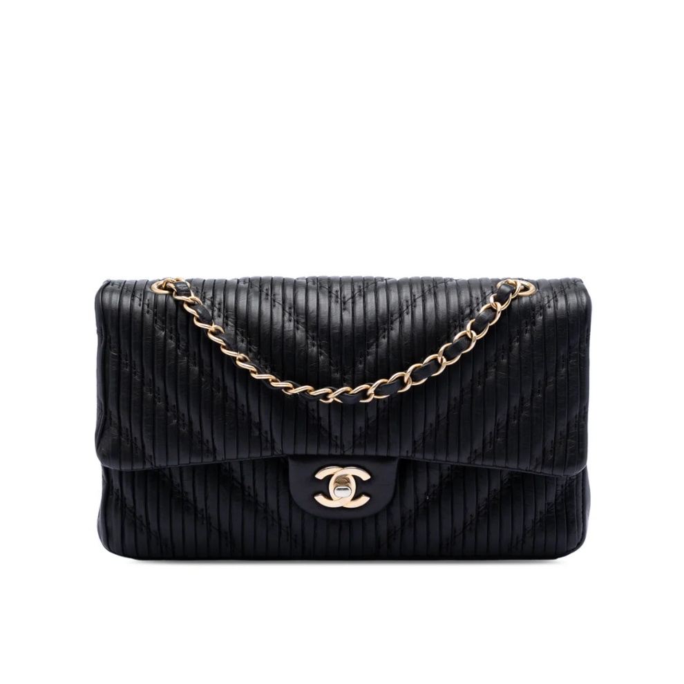 Chanel Medium Classic Chevron Calfskin Pleated Double Flap Bag