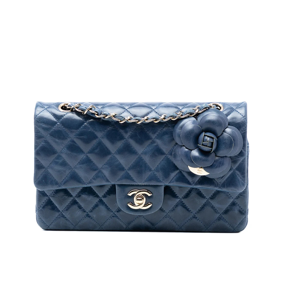 Chanel Medium Classic Glazed Calfskin Camellia Double Flap Bag