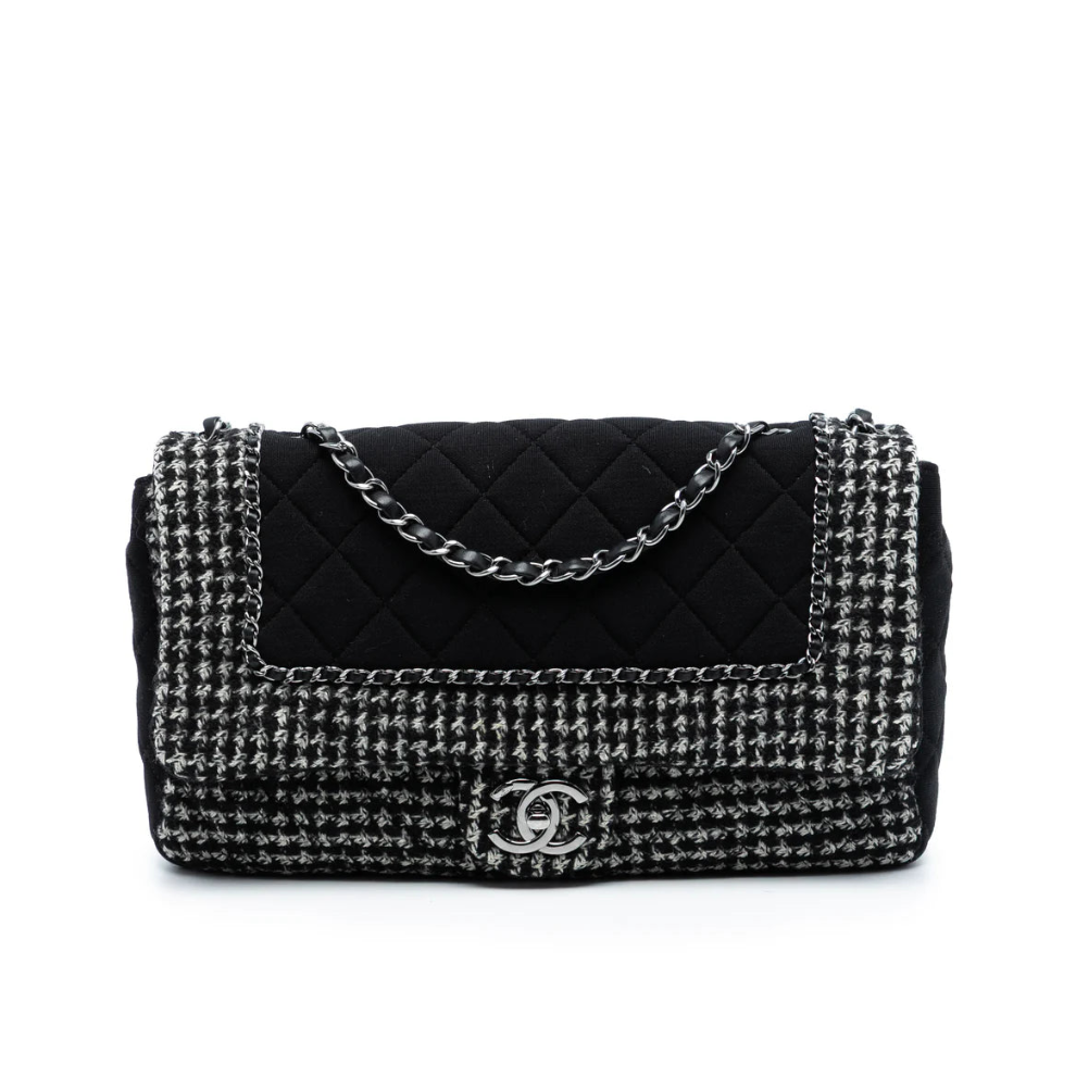 Chanel Jumbo CC Quilted Jersey and Tweed Chain Flap Bag