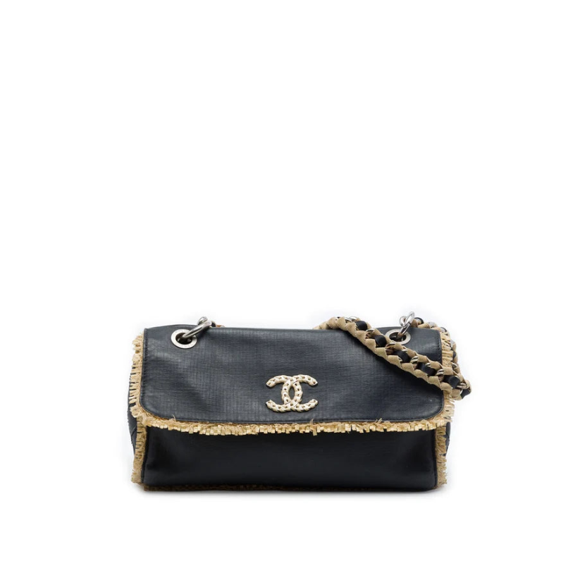 Chanel CC Raffia Fringe Trimmed Calfskin Chain Flap Bag