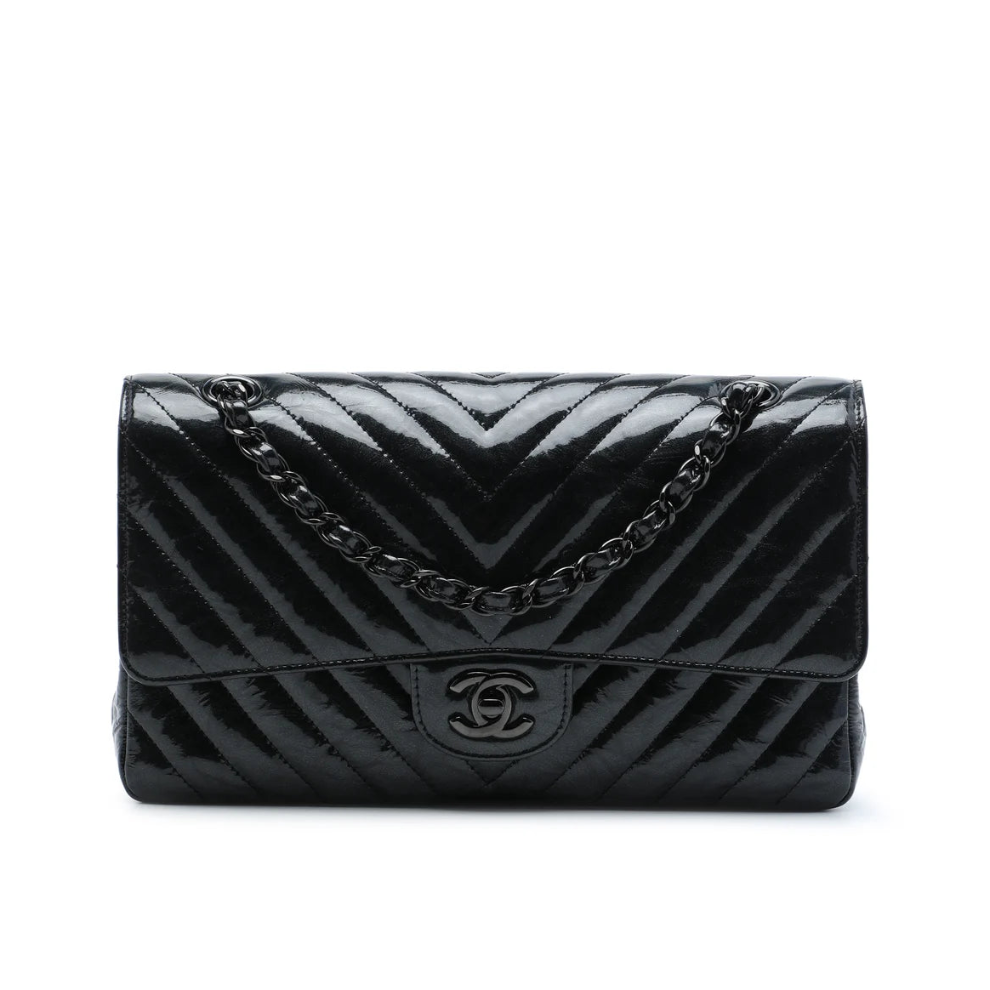 Chanel Medium Classic Chevron Patent So Black Double Flap Bag