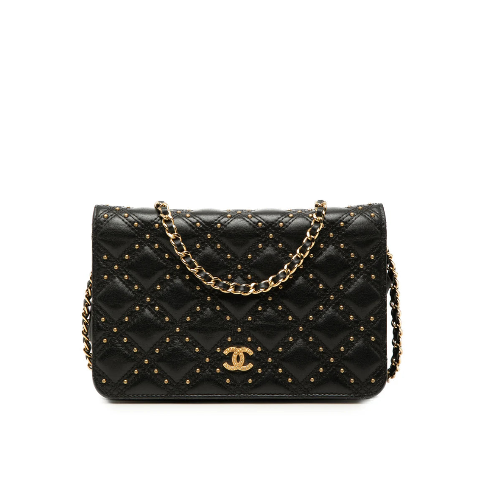 Chanel CC Lambskin Studded Diamond Stitch Wallet On Chain Bag
