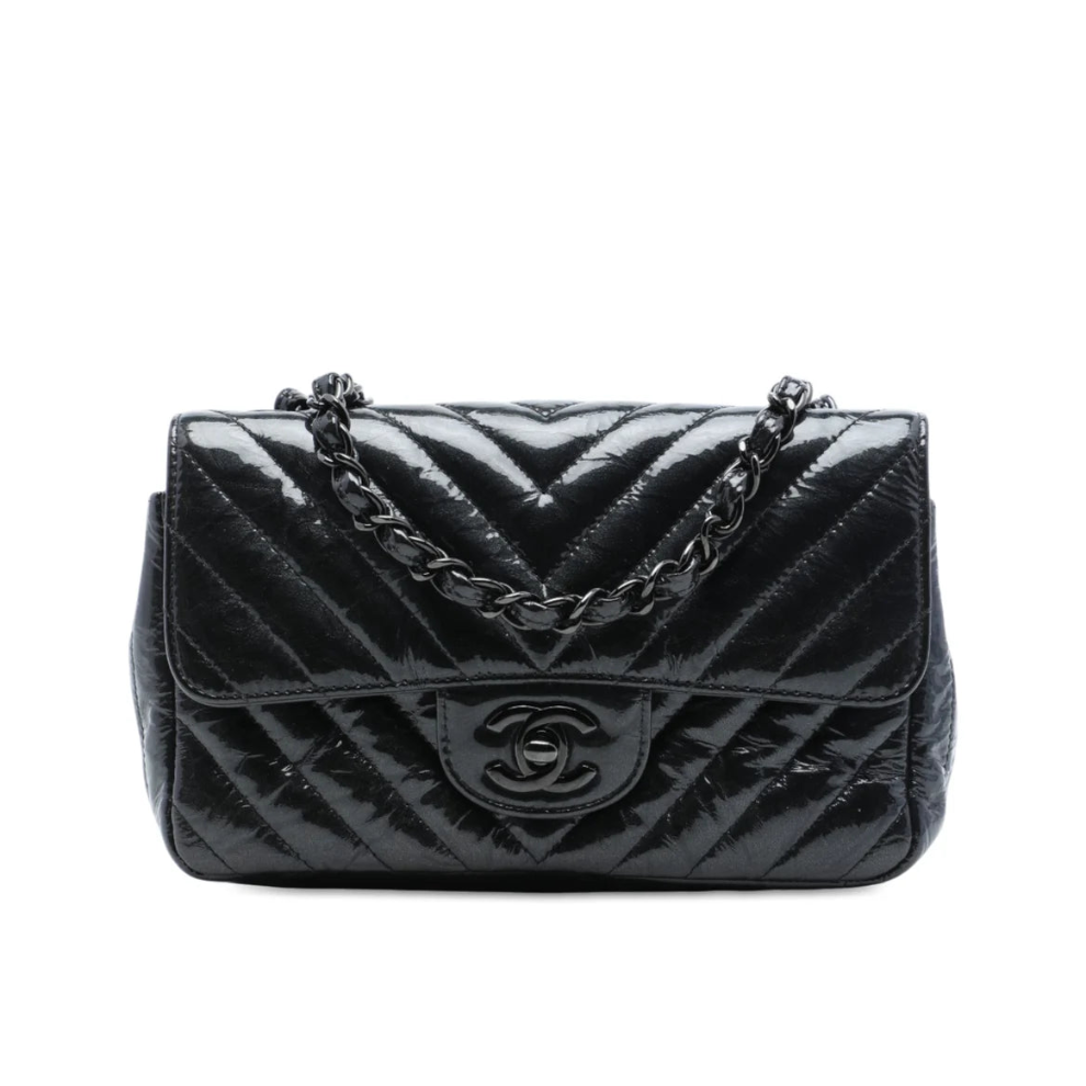 Chanel Mini Rectangular Classic Chevron Crumpled Patent So Black Single Flap Bag