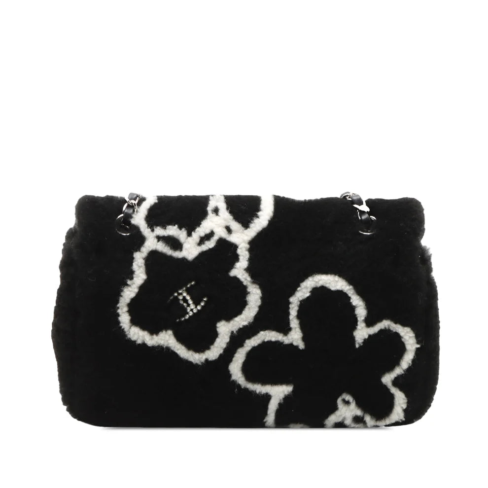 Chanel Shearling Camellia Pearl Embellished Flap Bag
