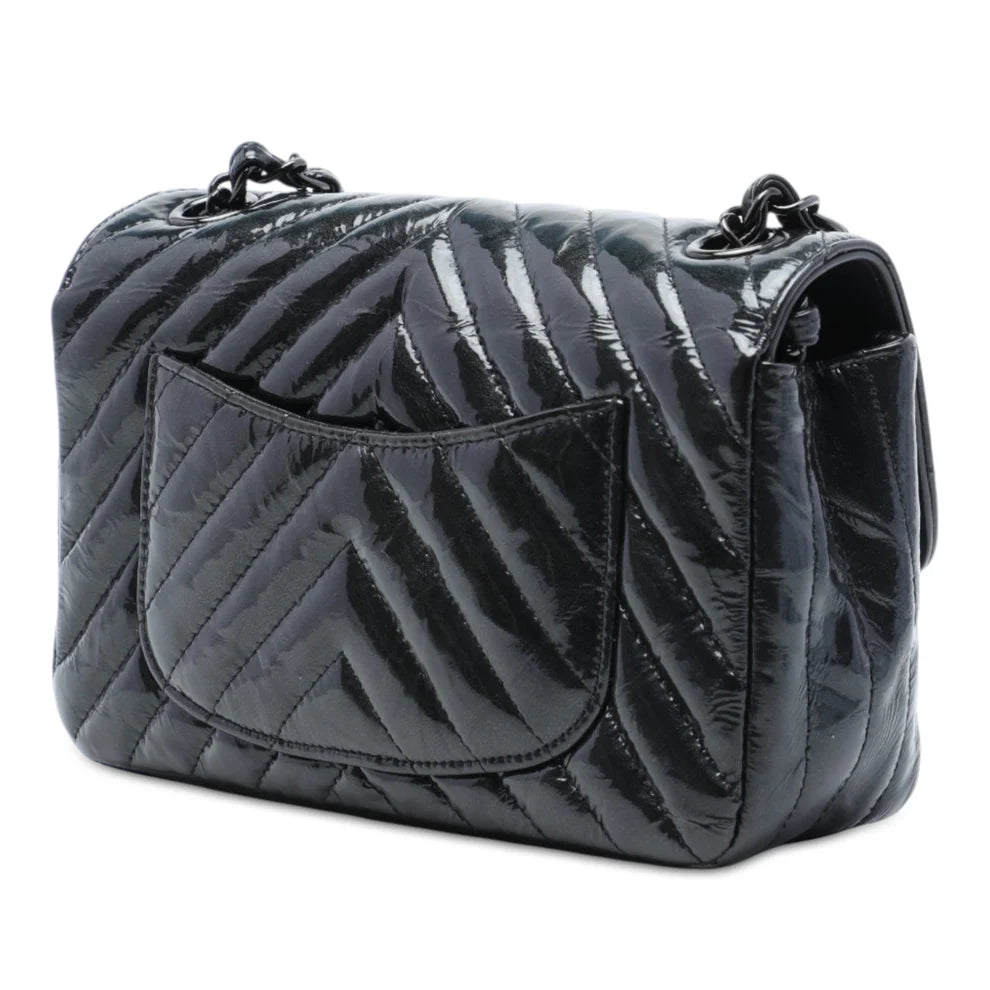 Chanel Mini Rectangular Classic Chevron Crumpled Patent So Black Single Flap Bag