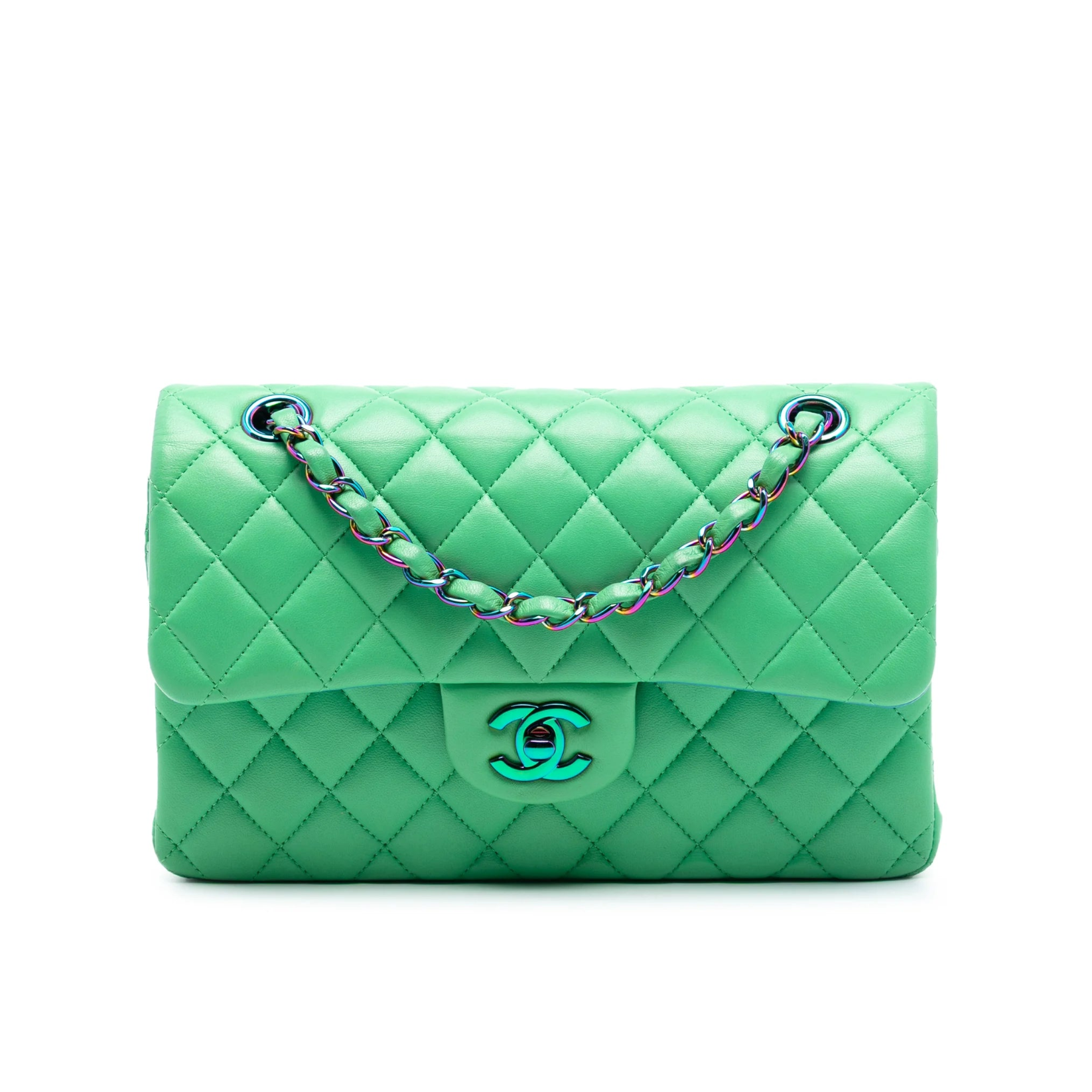 Chanel Small Classic Double Flap Bag Green Rainbow Hardware