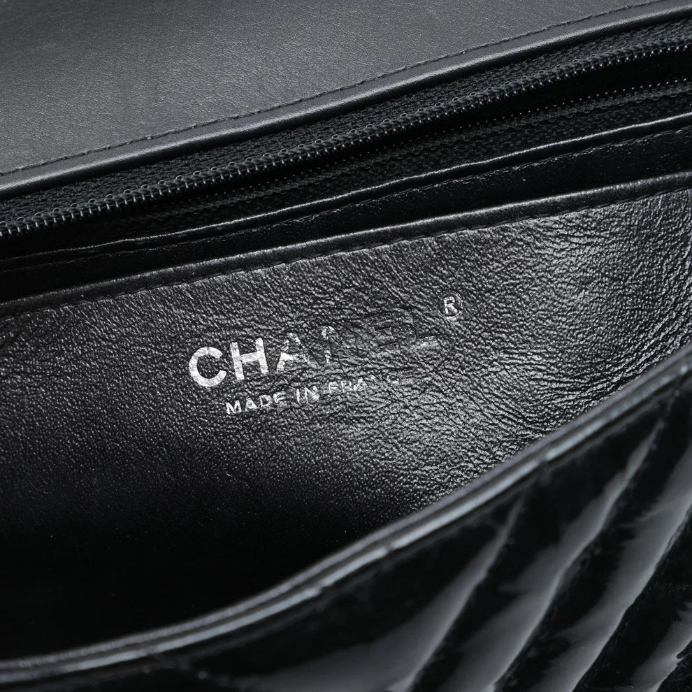 Chanel Mini Rectangular Classic Chevron Crumpled Patent So Black Single Flap Bag