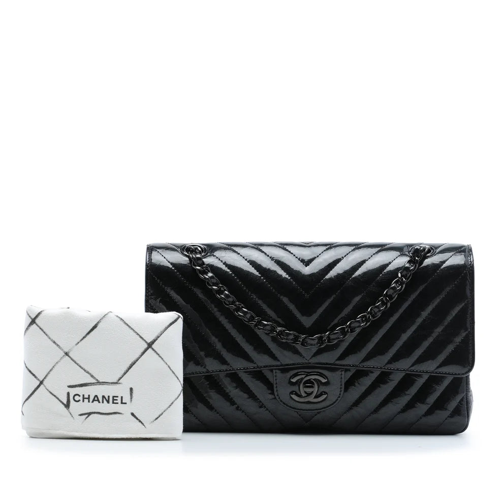 Chanel Medium Classic Chevron Patent So Black Double Flap Bag