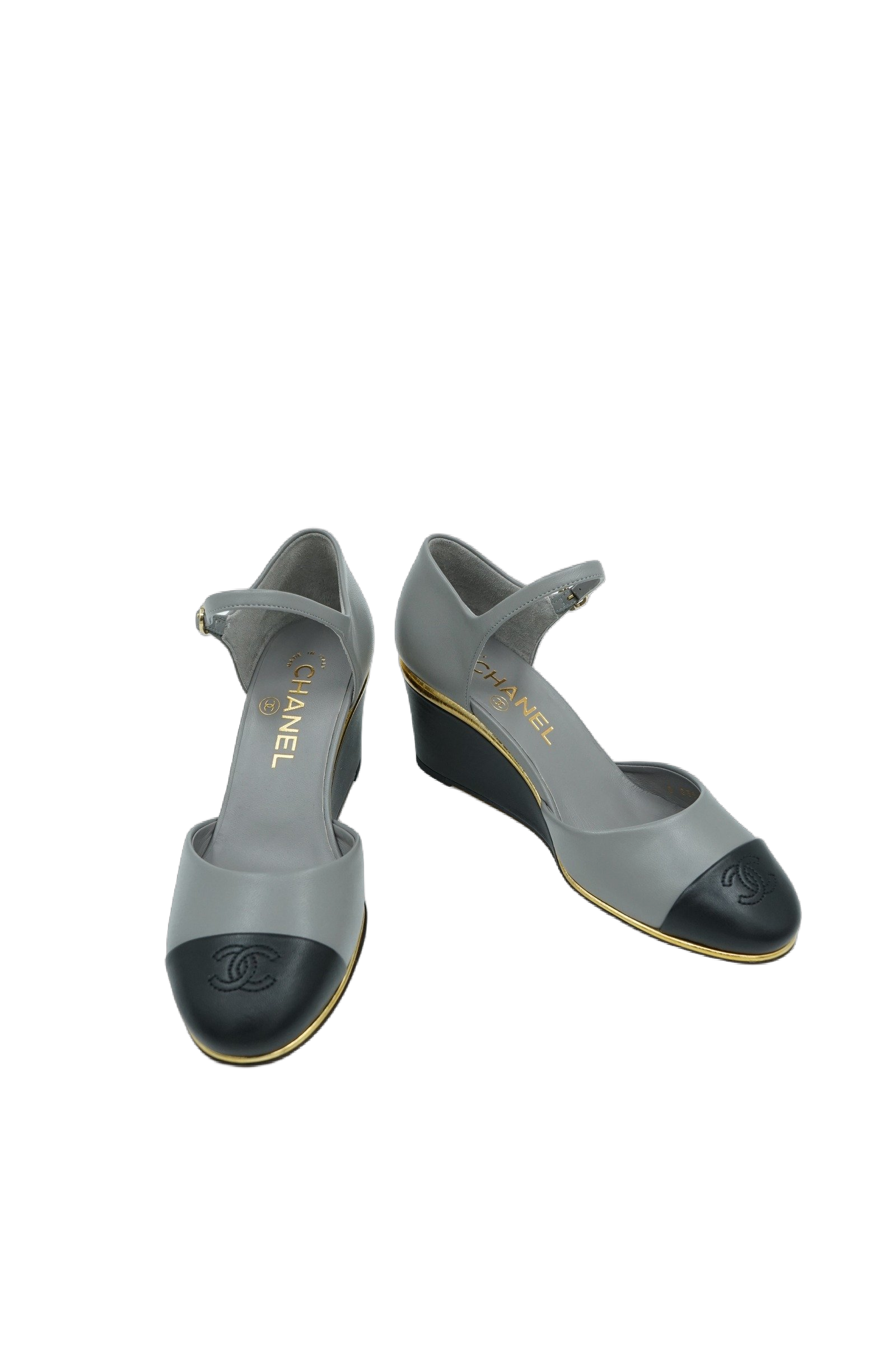 Chanel D'orsay Wedge Pumps Logo Cap Toe