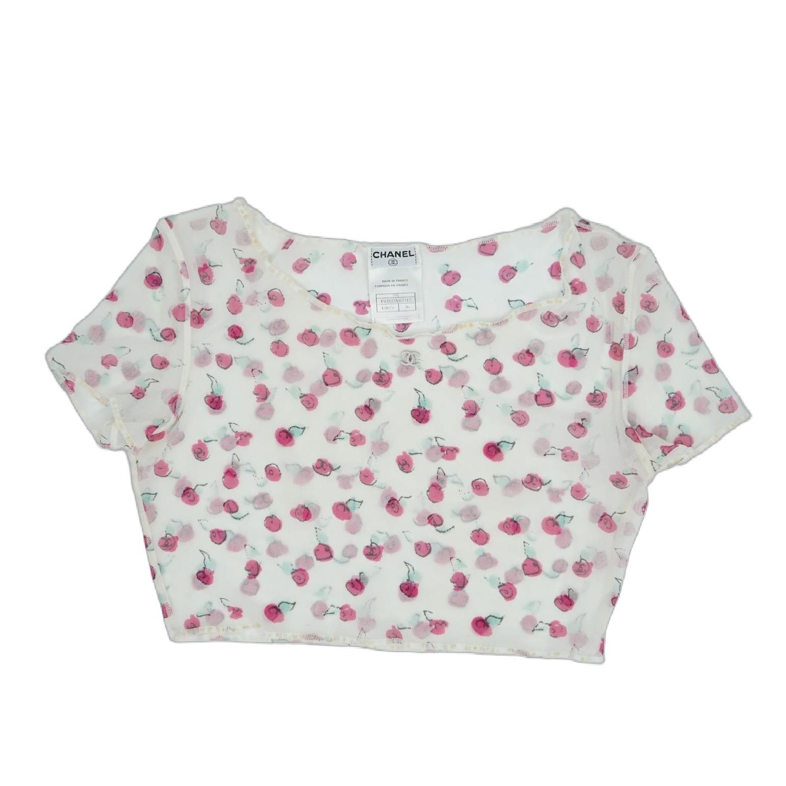 Chanel S1999 CC Logo Rose Print Mesh Crop Top