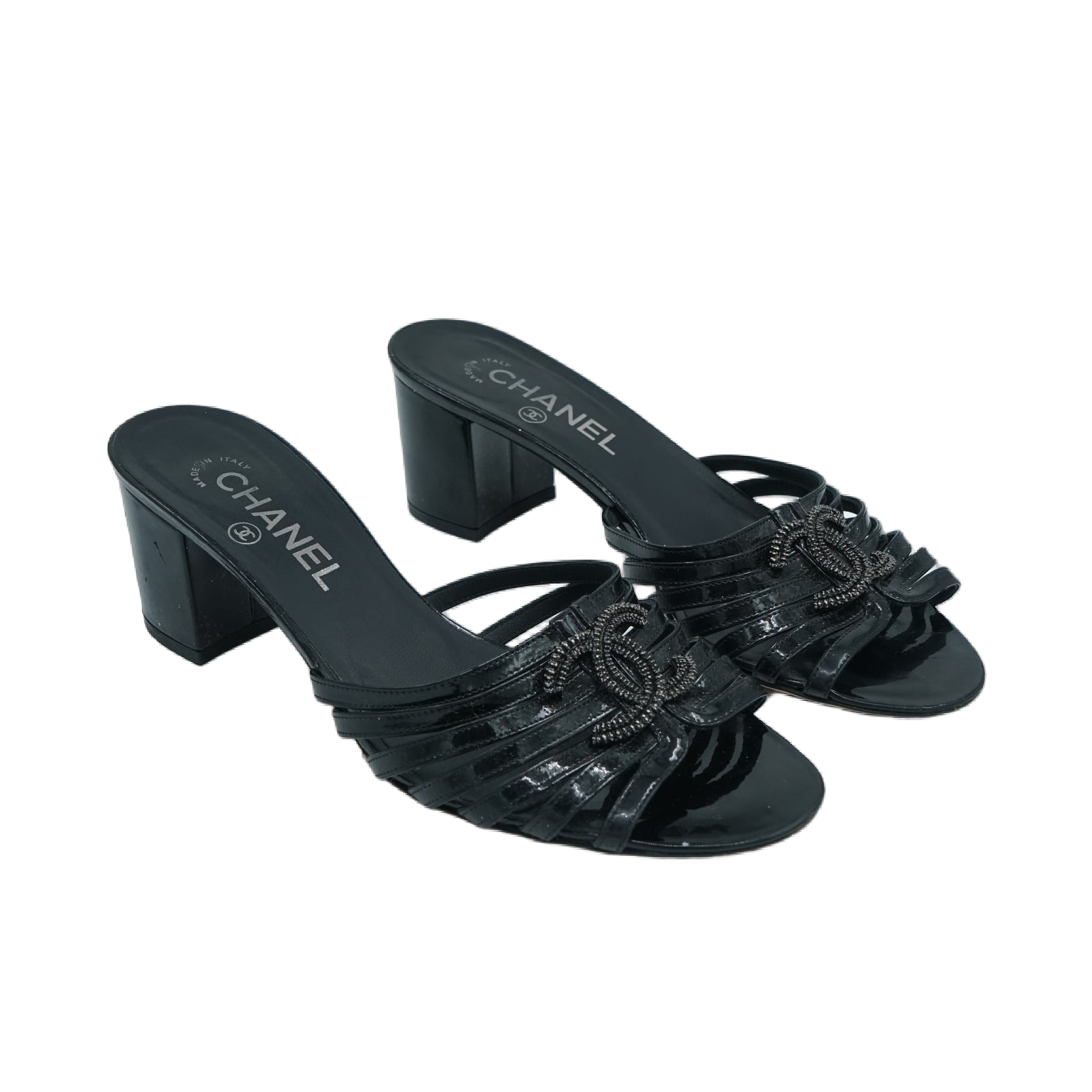 Chanel Patent Logo Heeled Slip Mules
