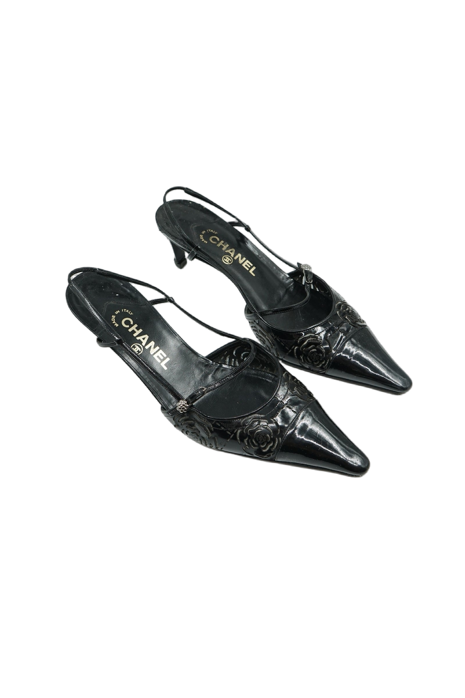 Chanel Patent Camellia Heels