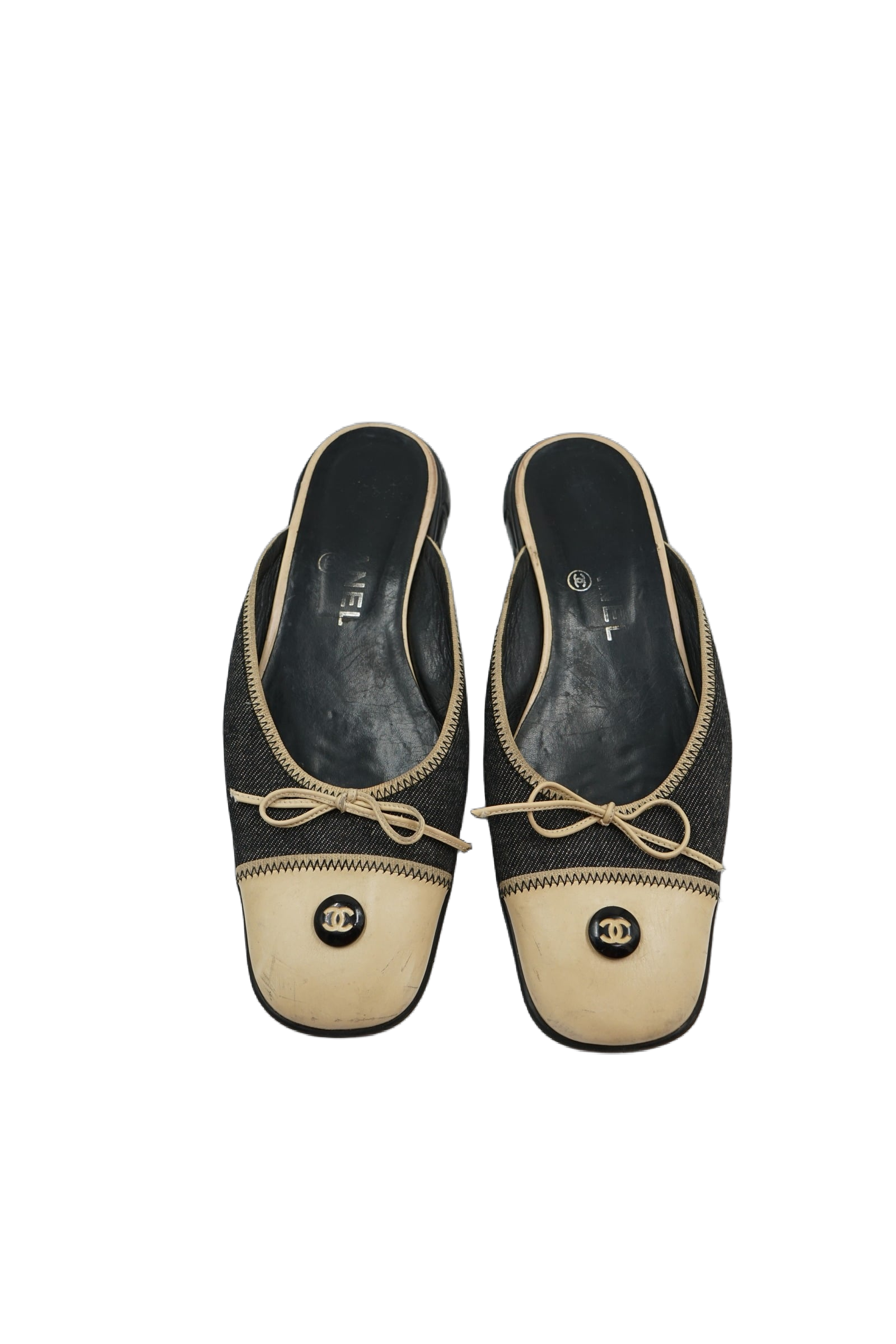 Chanel 2002 Denim Logo Button Ballet Mules