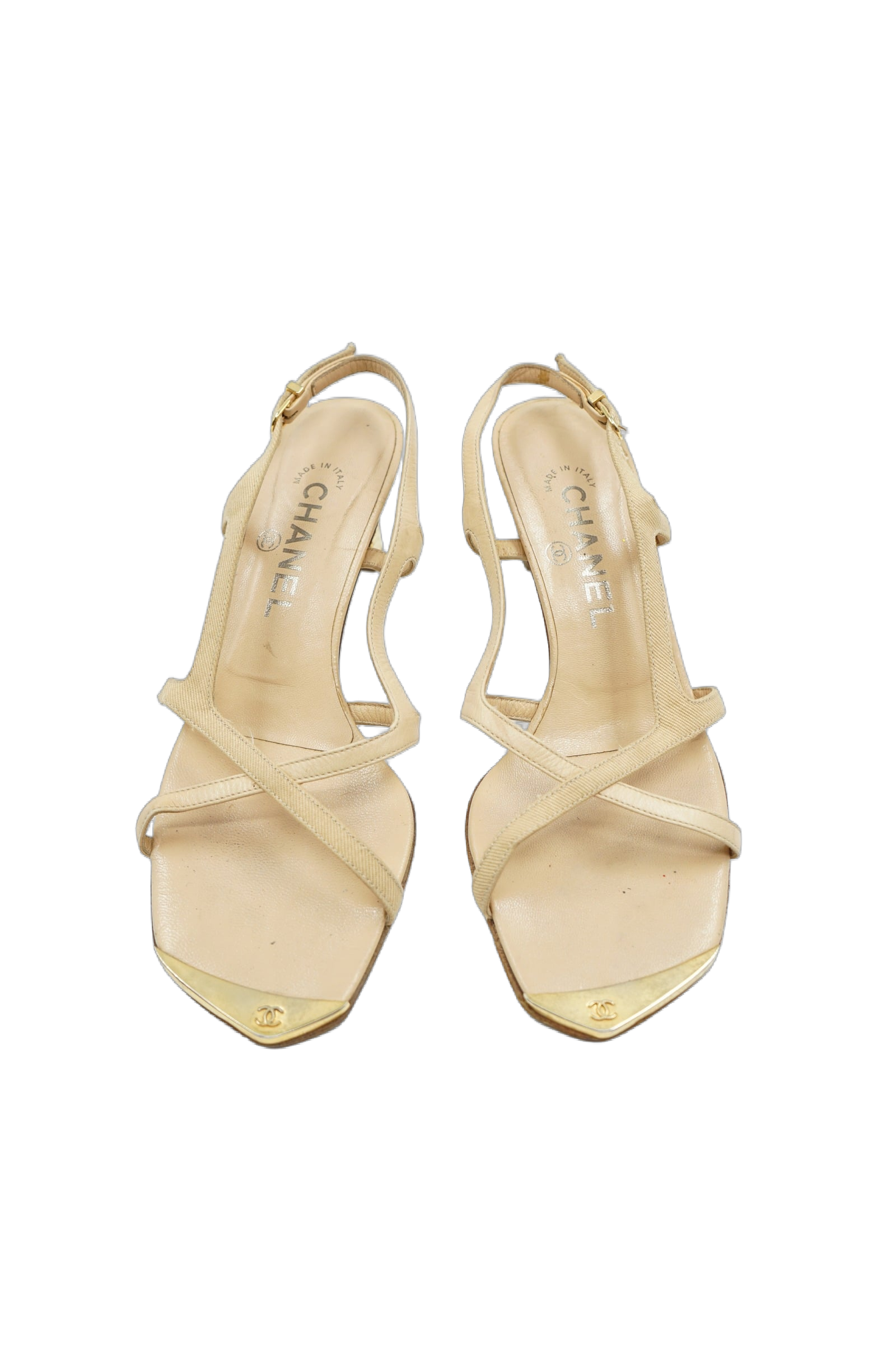Chanel Plaque Logo Toe Sandal Heels Beige