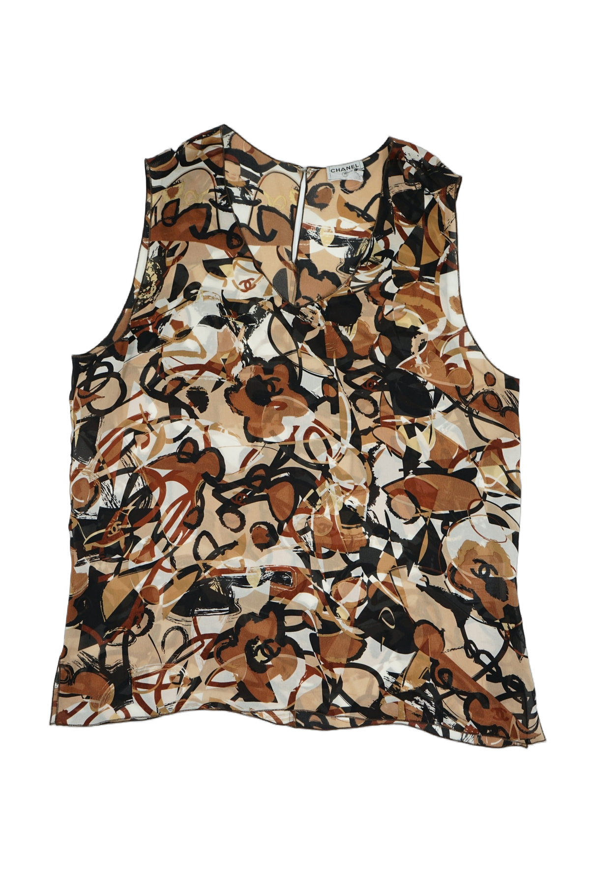 Chanel SS 2005 Logo Printed Silk Top Brown