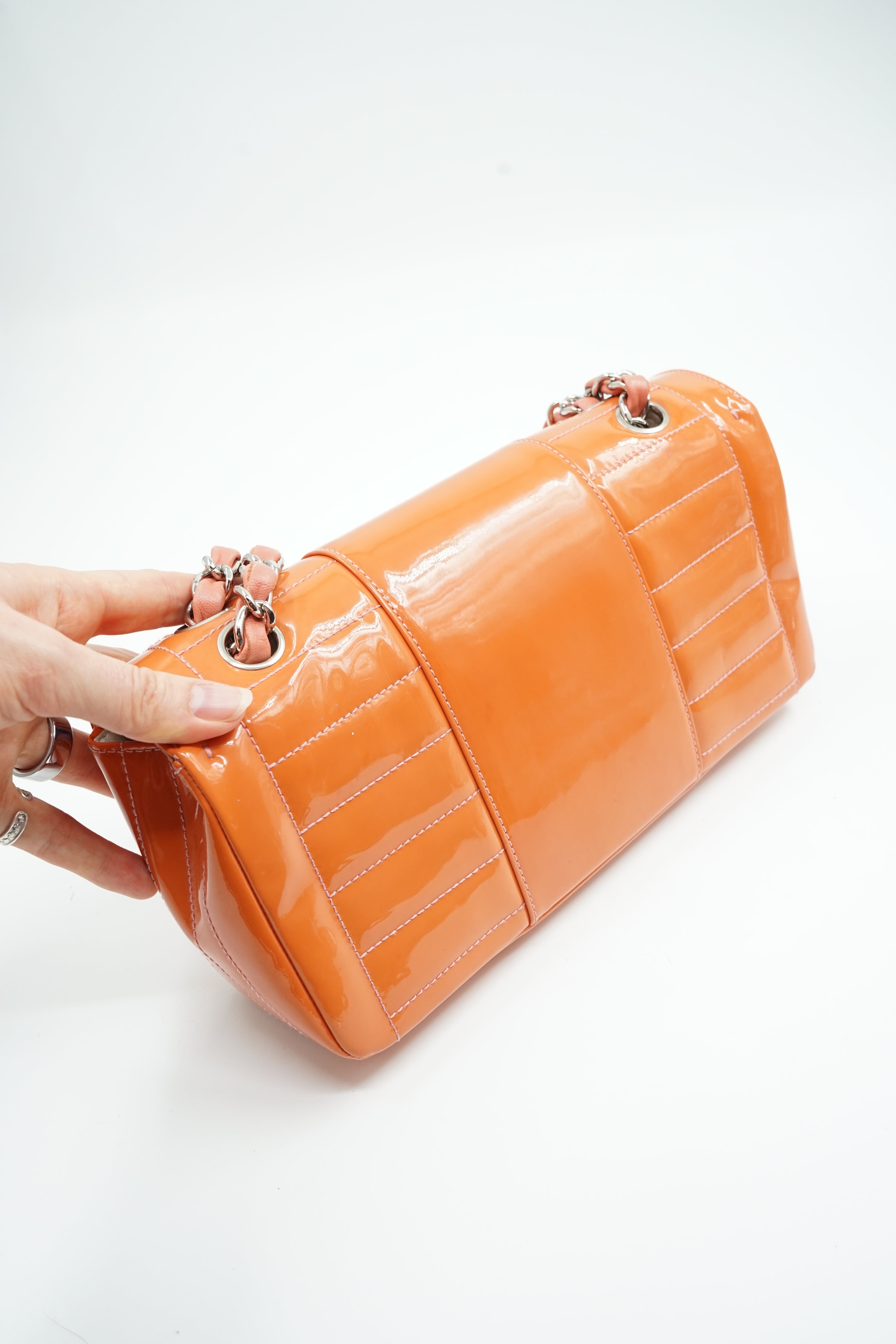 Chanel Single Flap Bag Patent Leather Orange