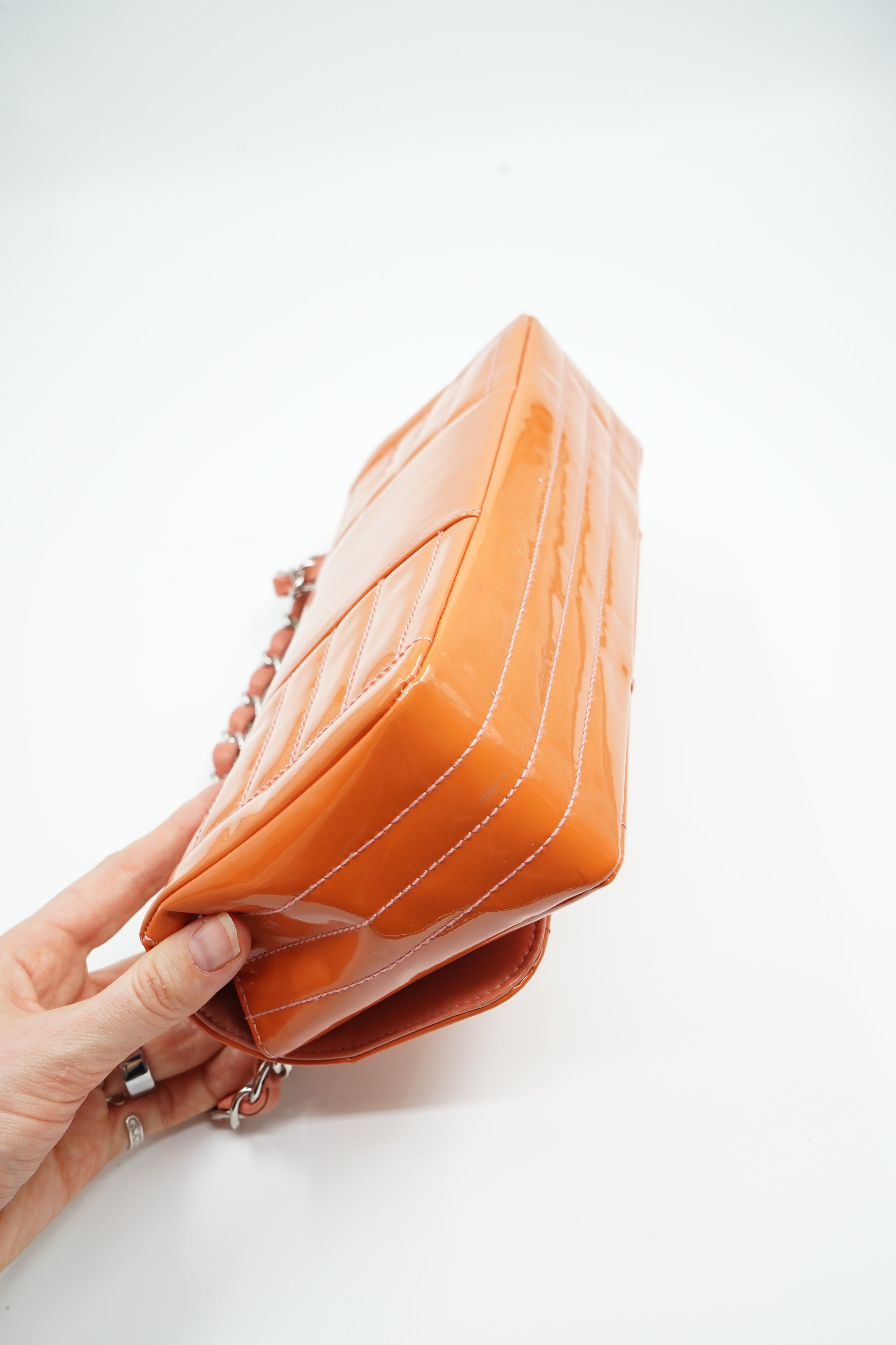 Chanel Single Flap Bag Patent Leather Orange