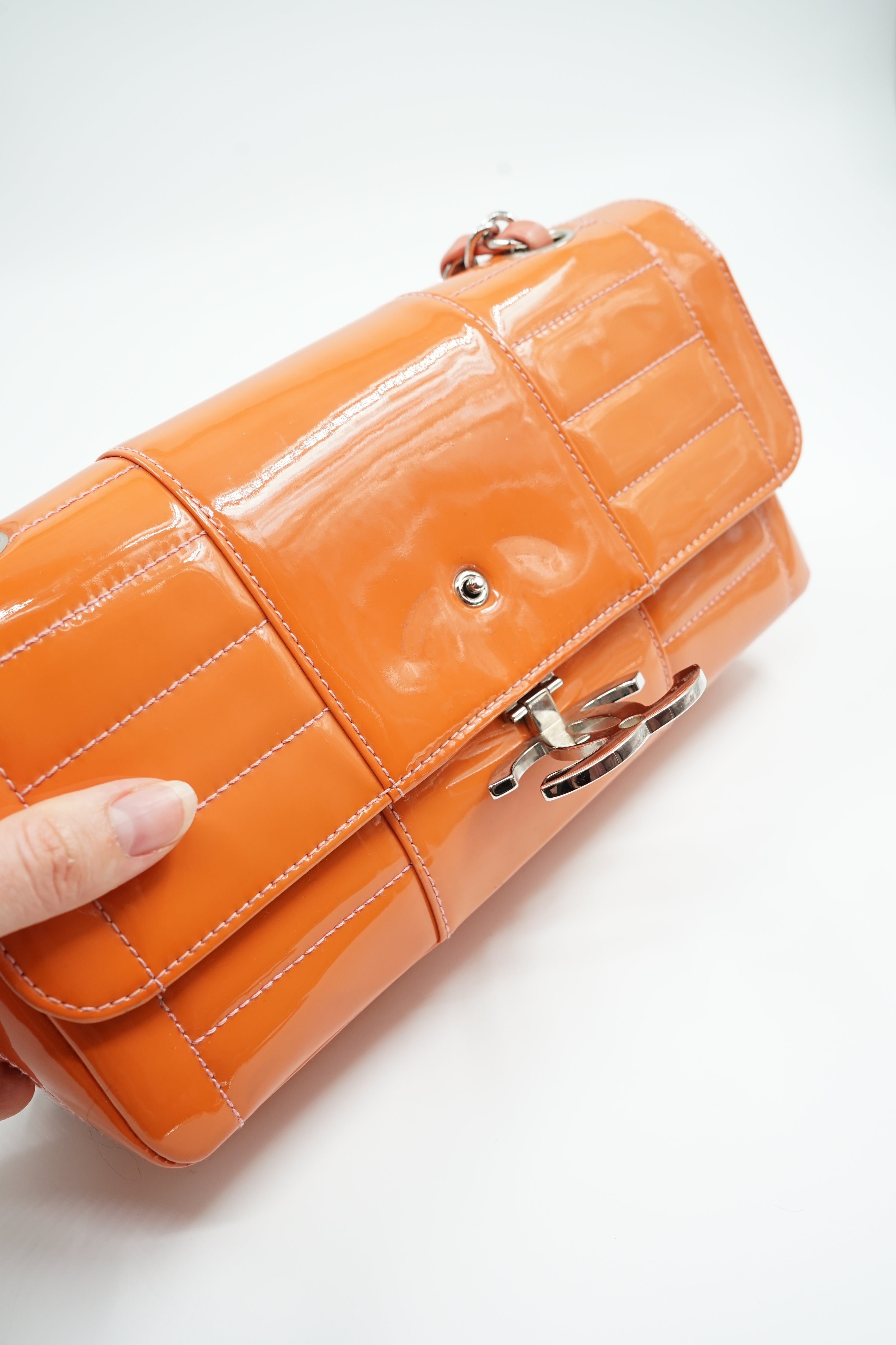 Chanel Single Flap Bag Patent Leather Orange