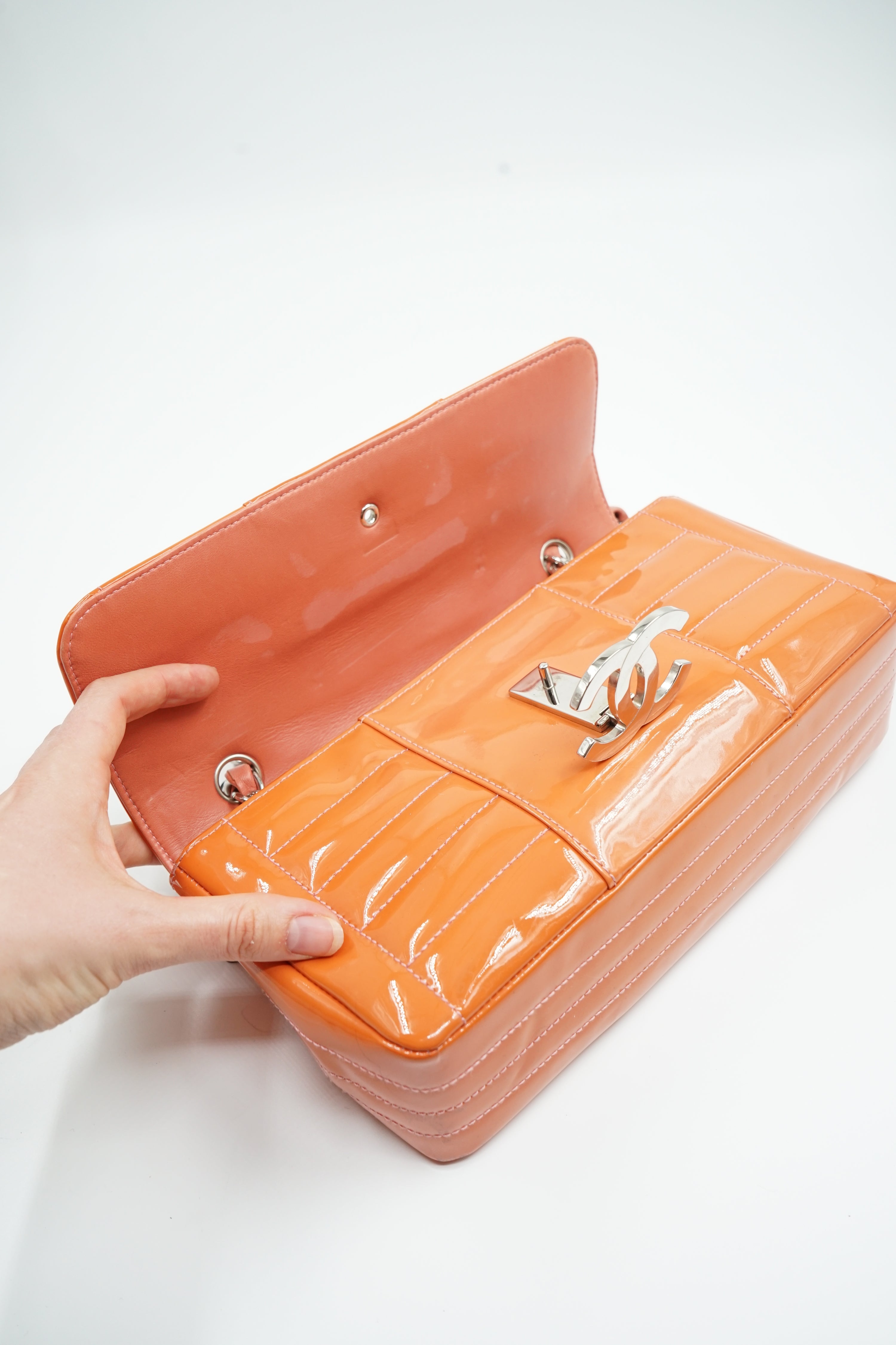 Chanel Single Flap Bag Patent Leather Orange