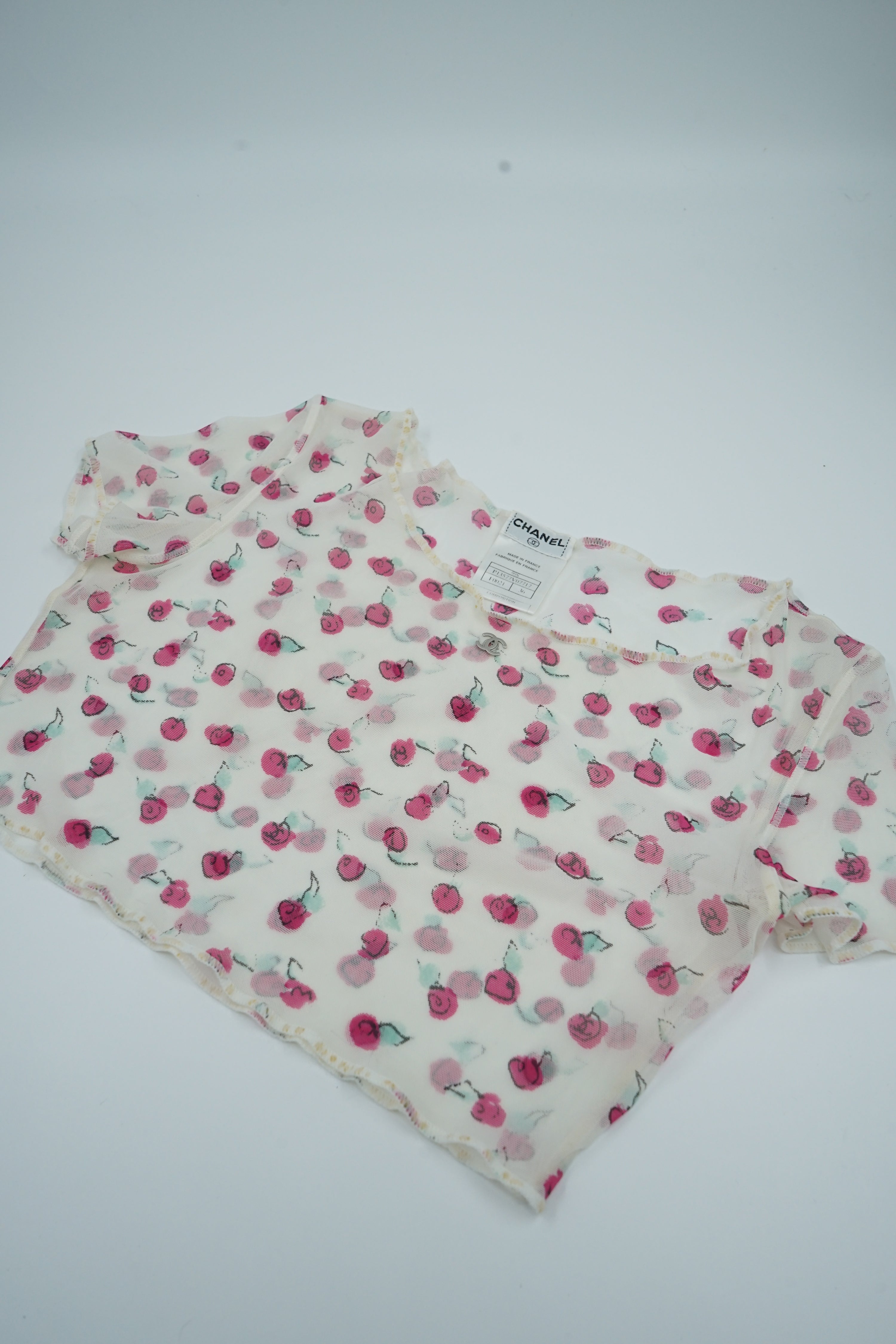 Chanel S1999 CC Logo Rose Print Mesh Crop Top