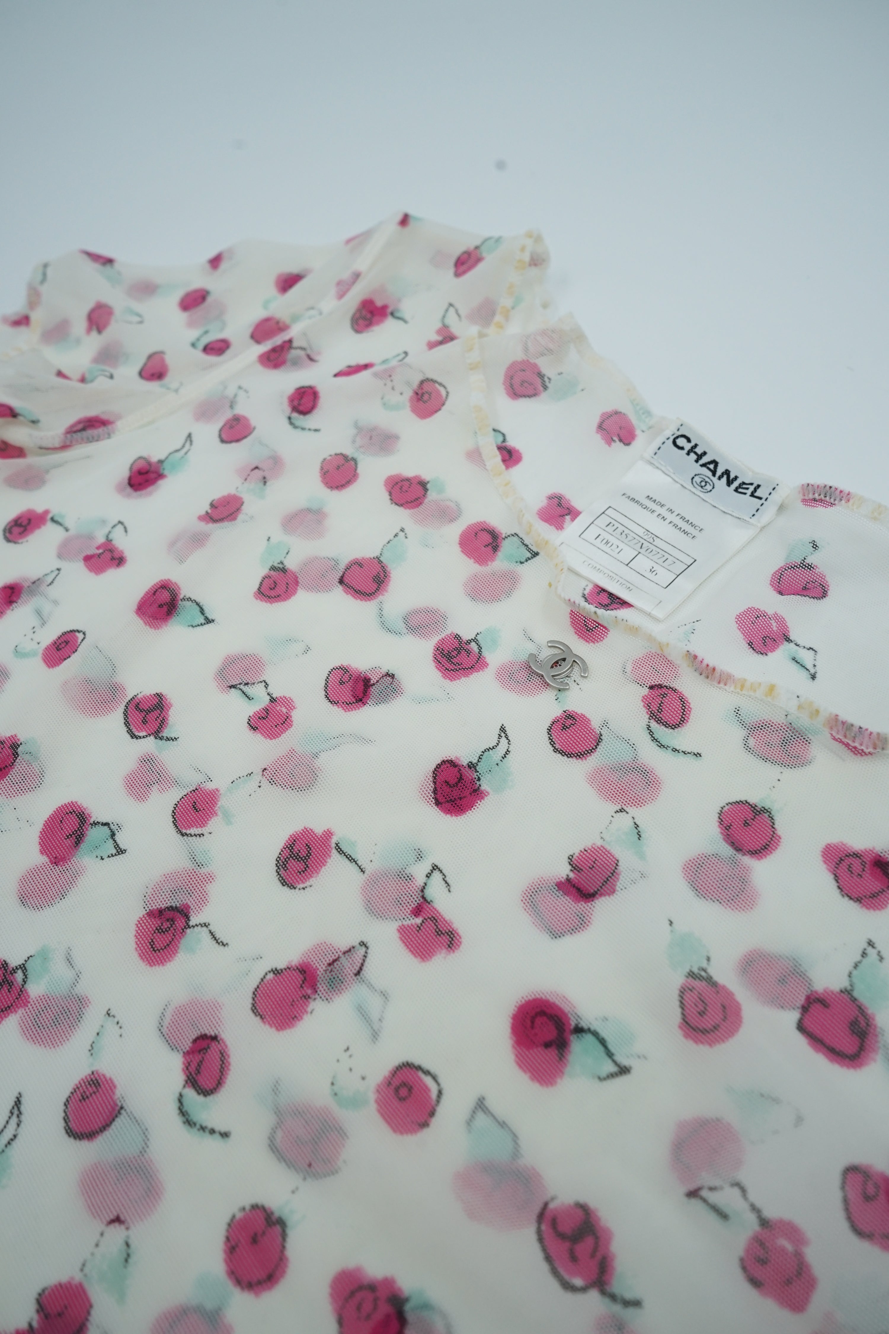 Chanel S1999 CC Logo Rose Print Mesh Crop Top