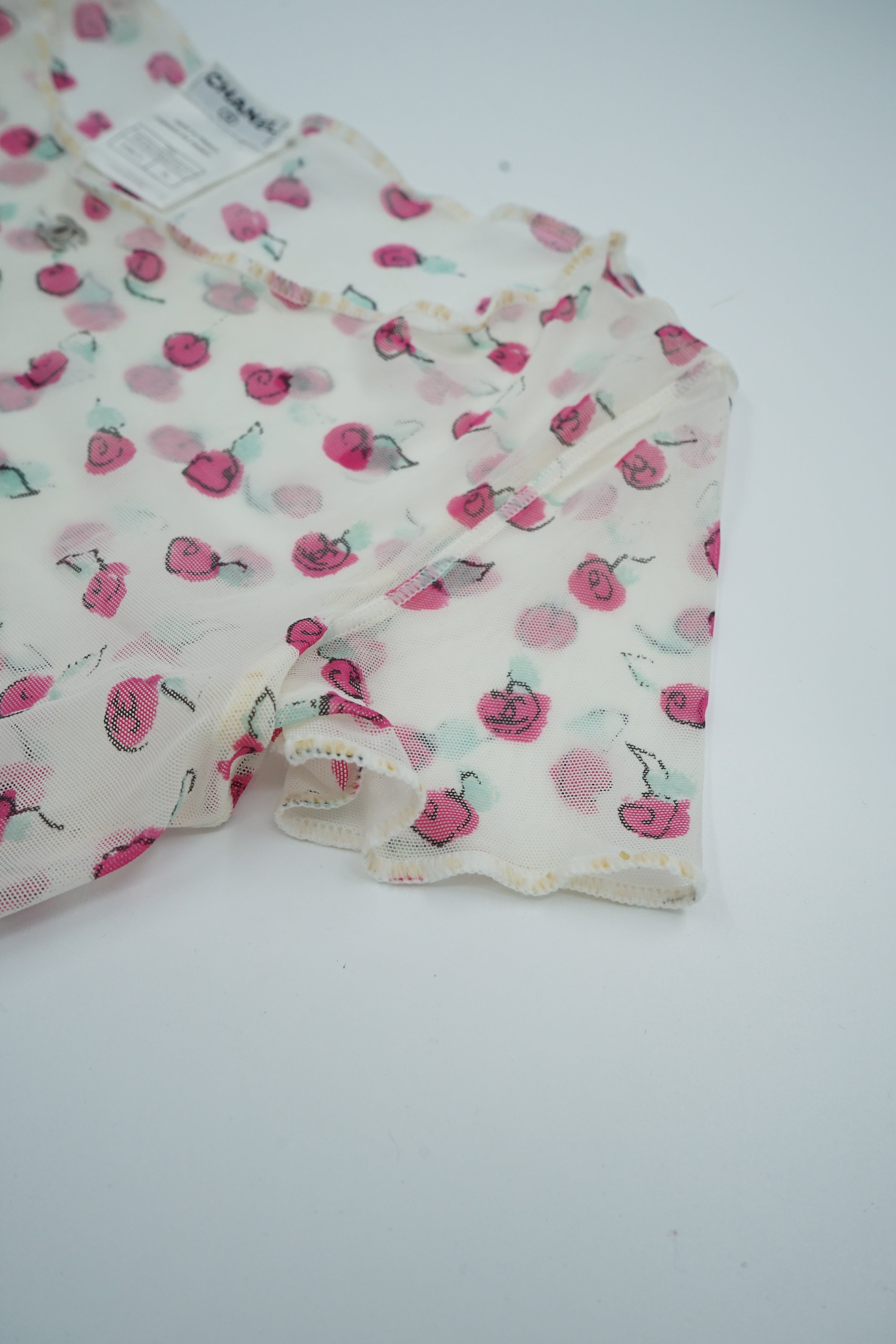 Chanel S1999 CC Logo Rose Print Mesh Crop Top