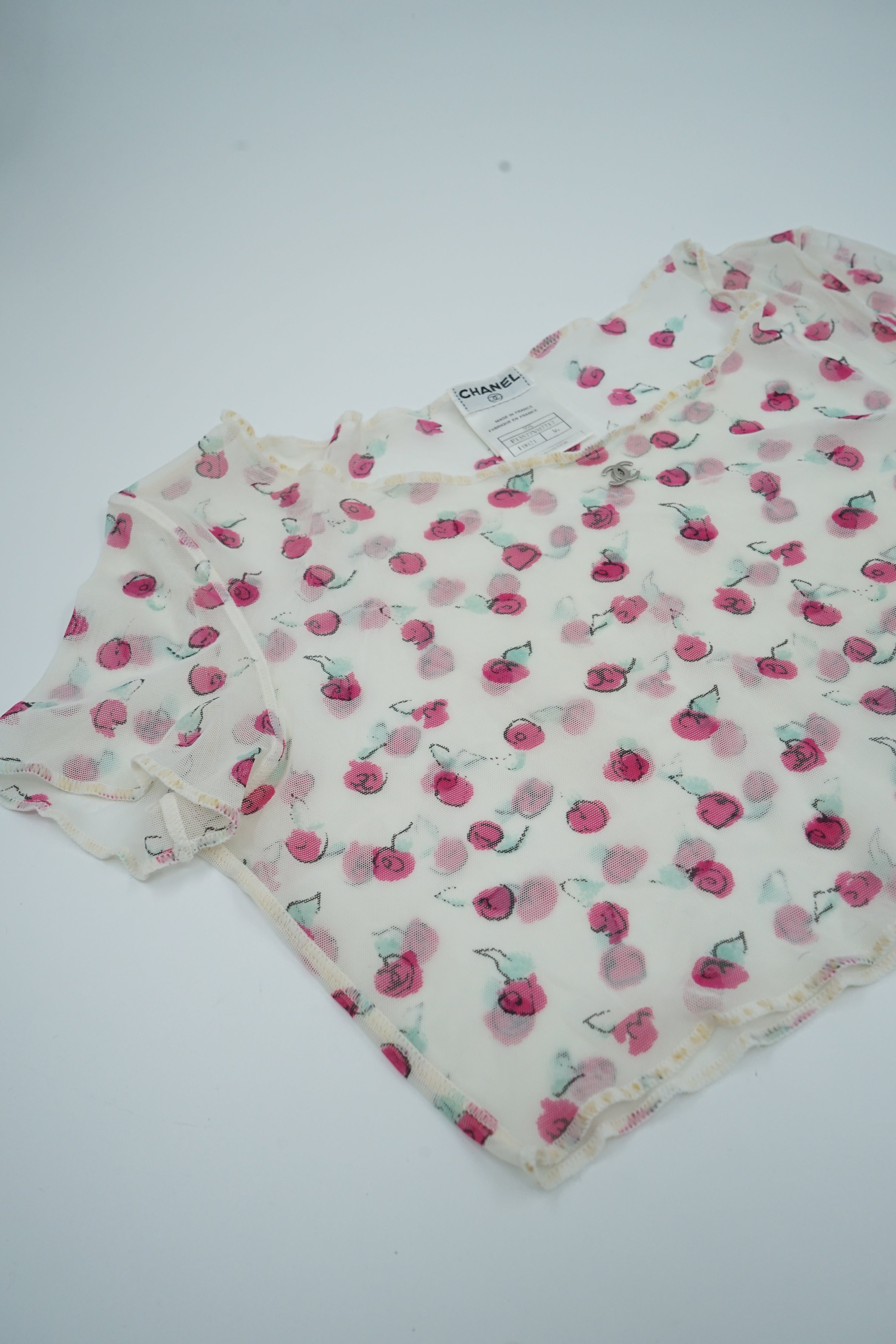 Chanel S1999 CC Logo Rose Print Mesh Crop Top