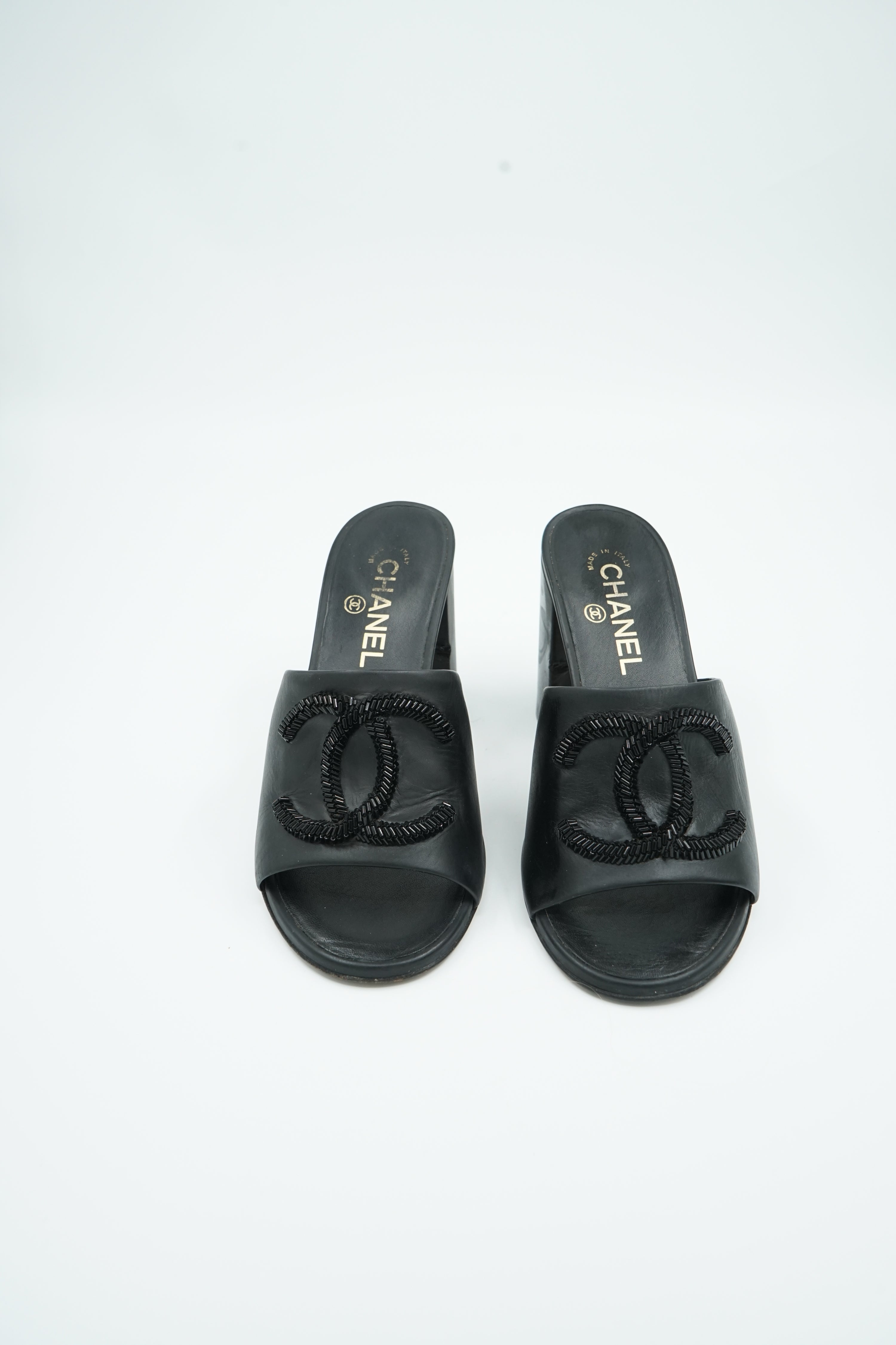 Chanel Leather Beaded CC Logo Open Toe Mule Sandals