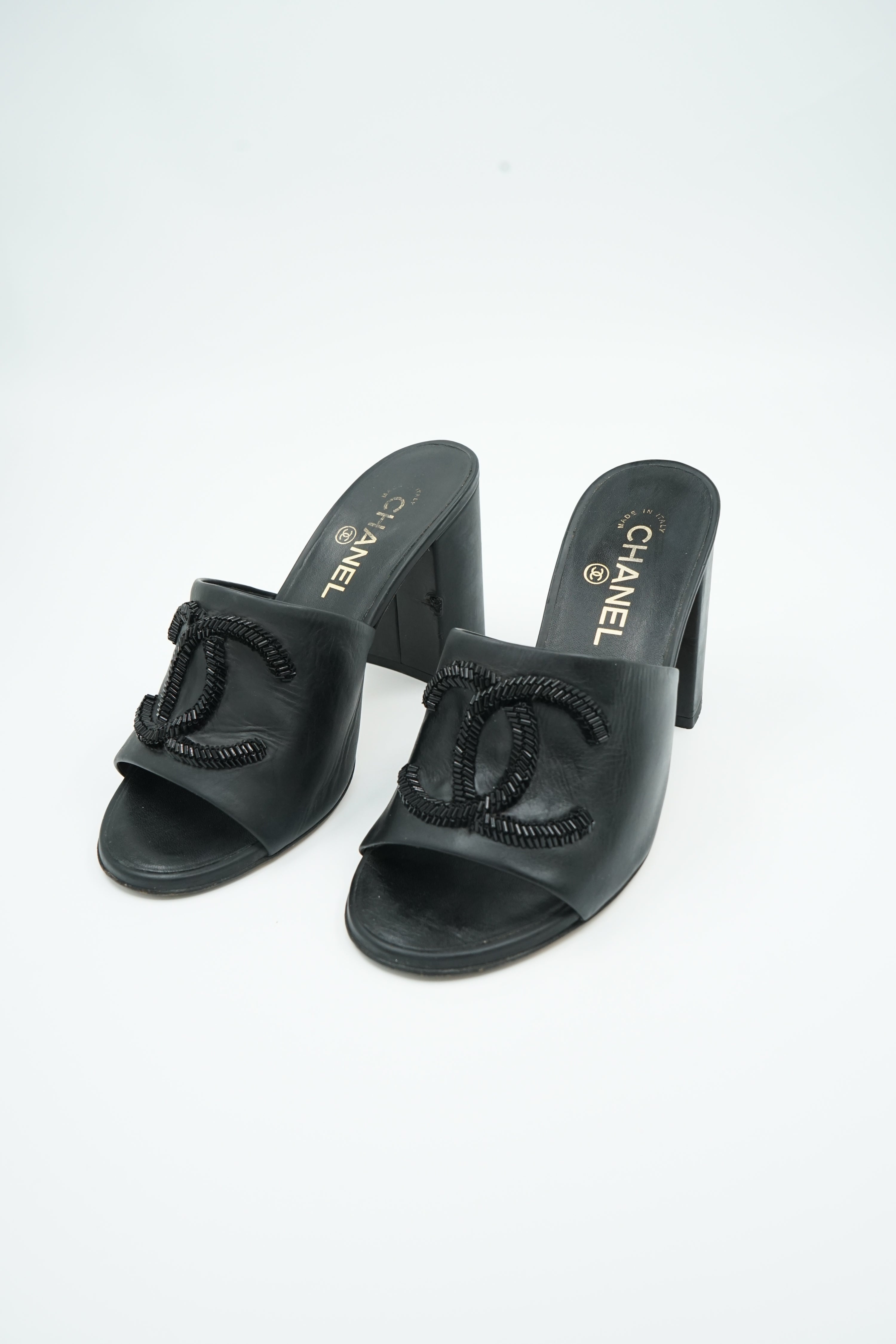 Chanel Leather Beaded CC Logo Open Toe Mule Sandals