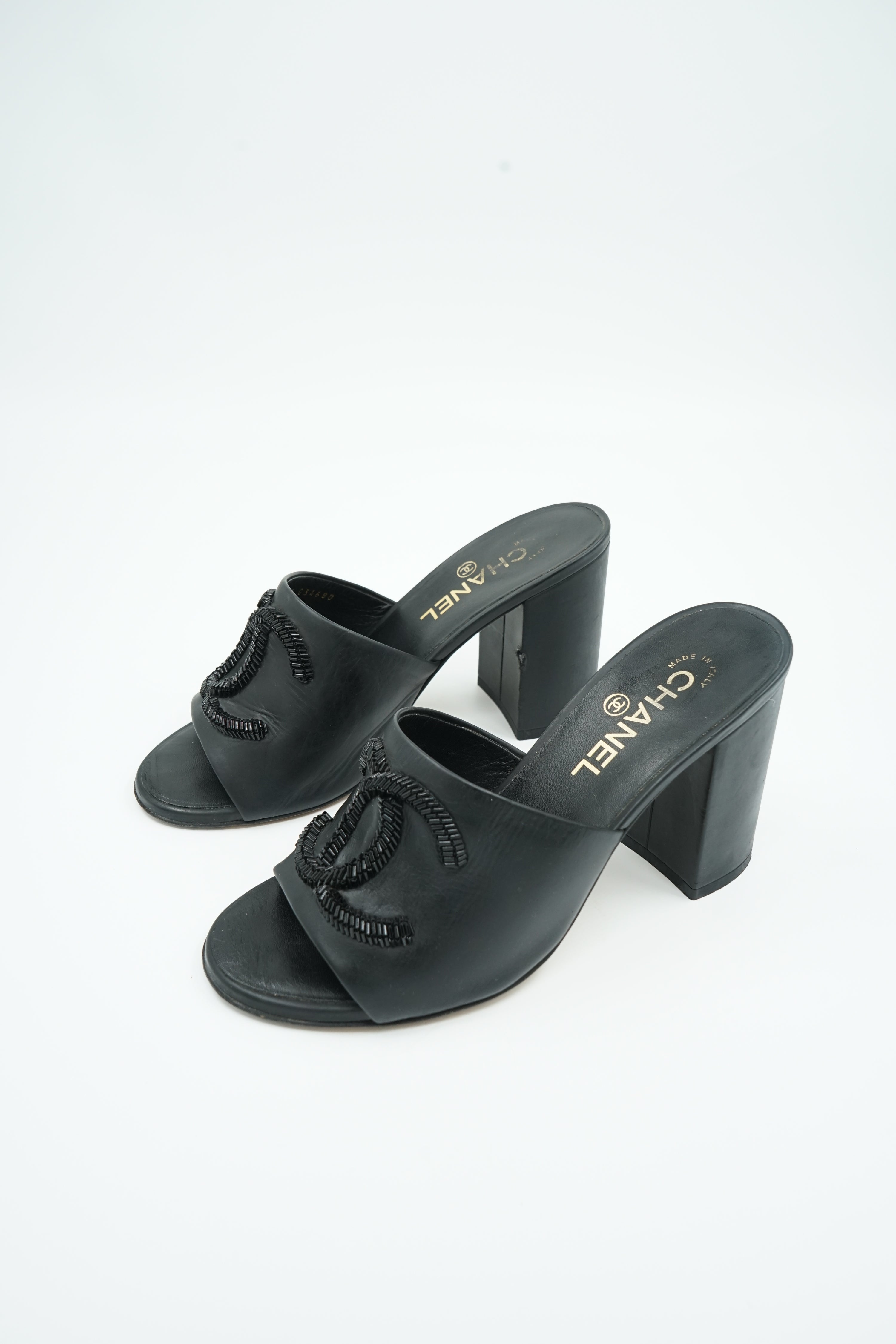 Chanel Leather Beaded CC Logo Open Toe Mule Sandals