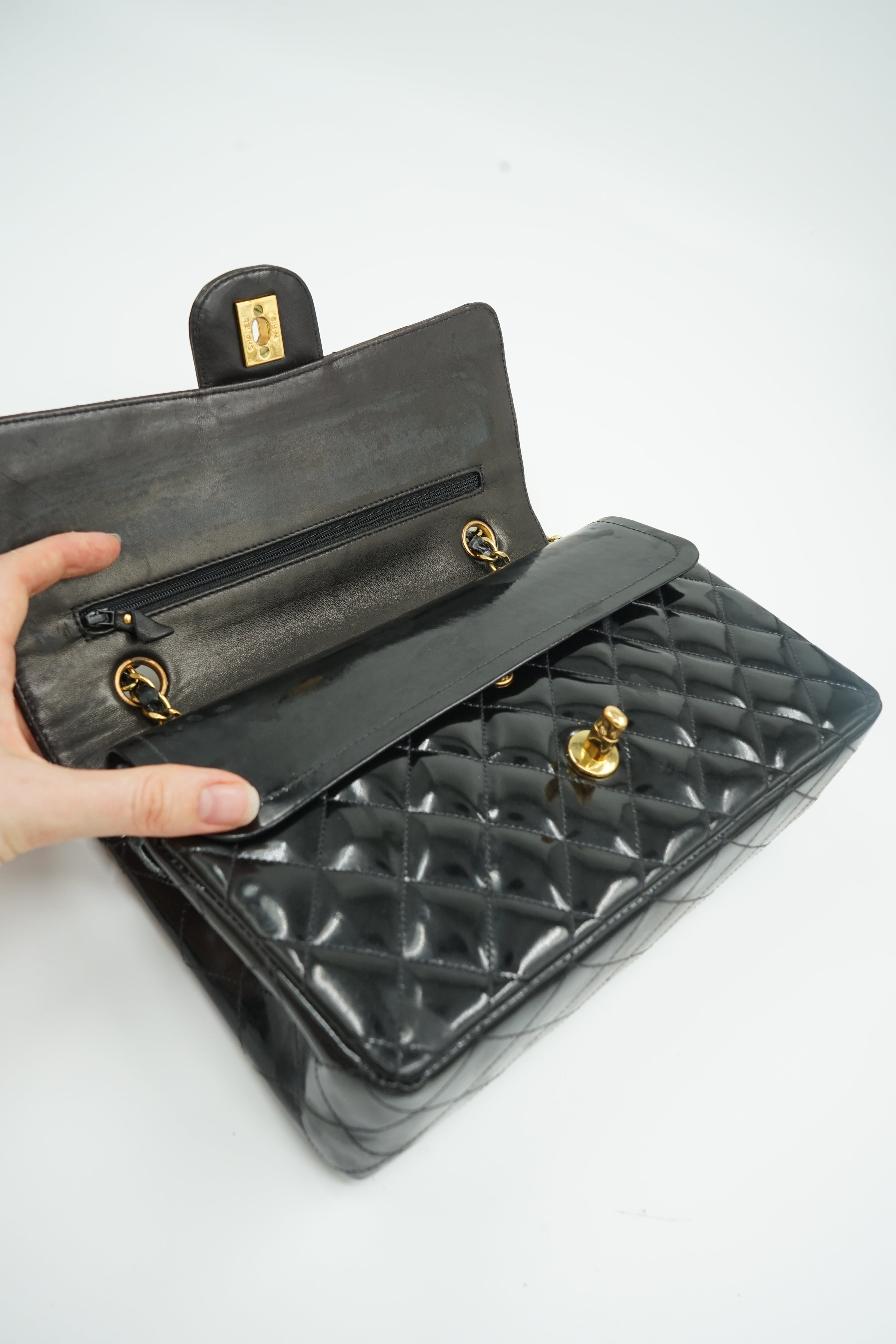 Chanel Medium Double Flap Bag Patent Leather Black