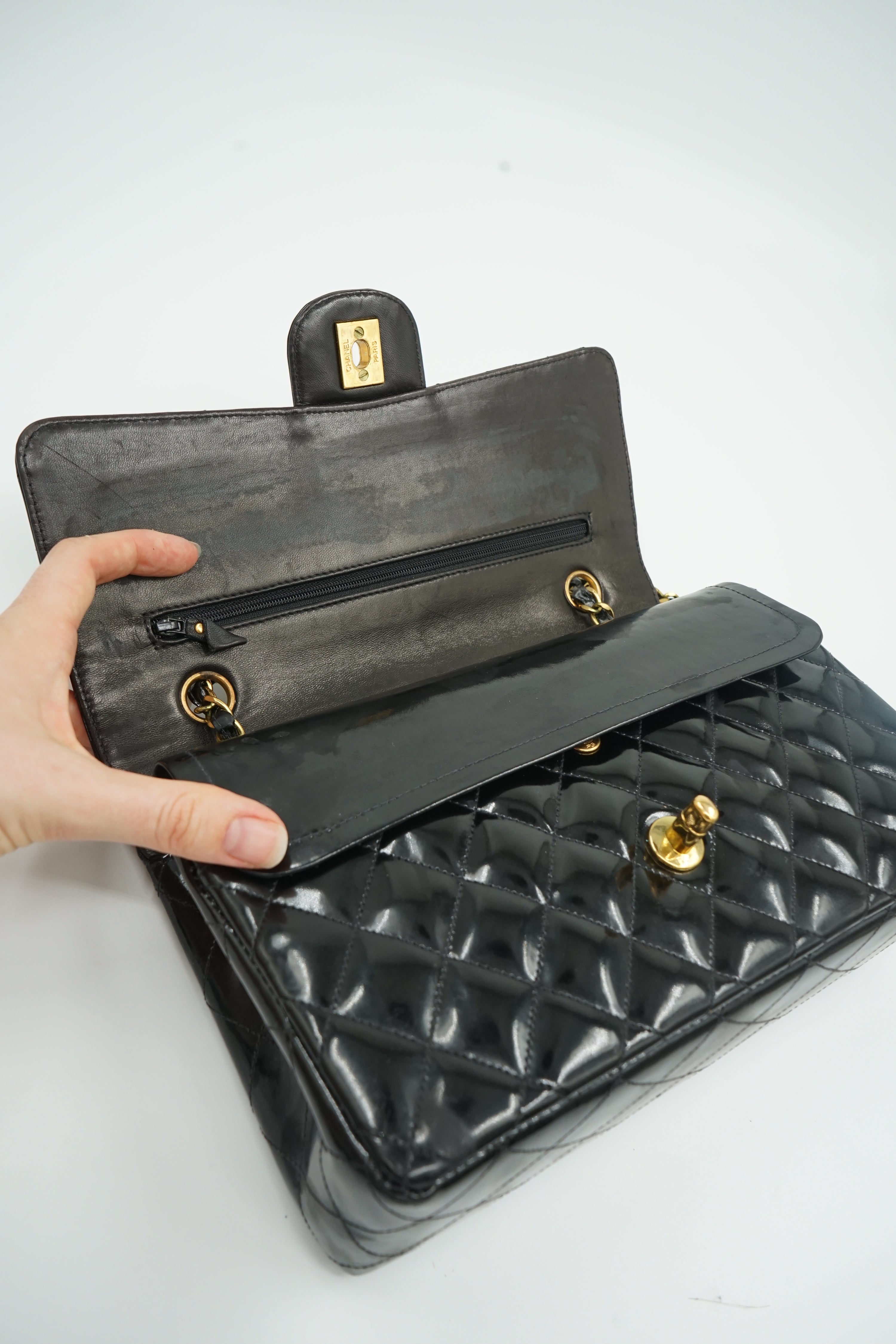 Chanel Medium Double Flap Bag Patent Leather Black
