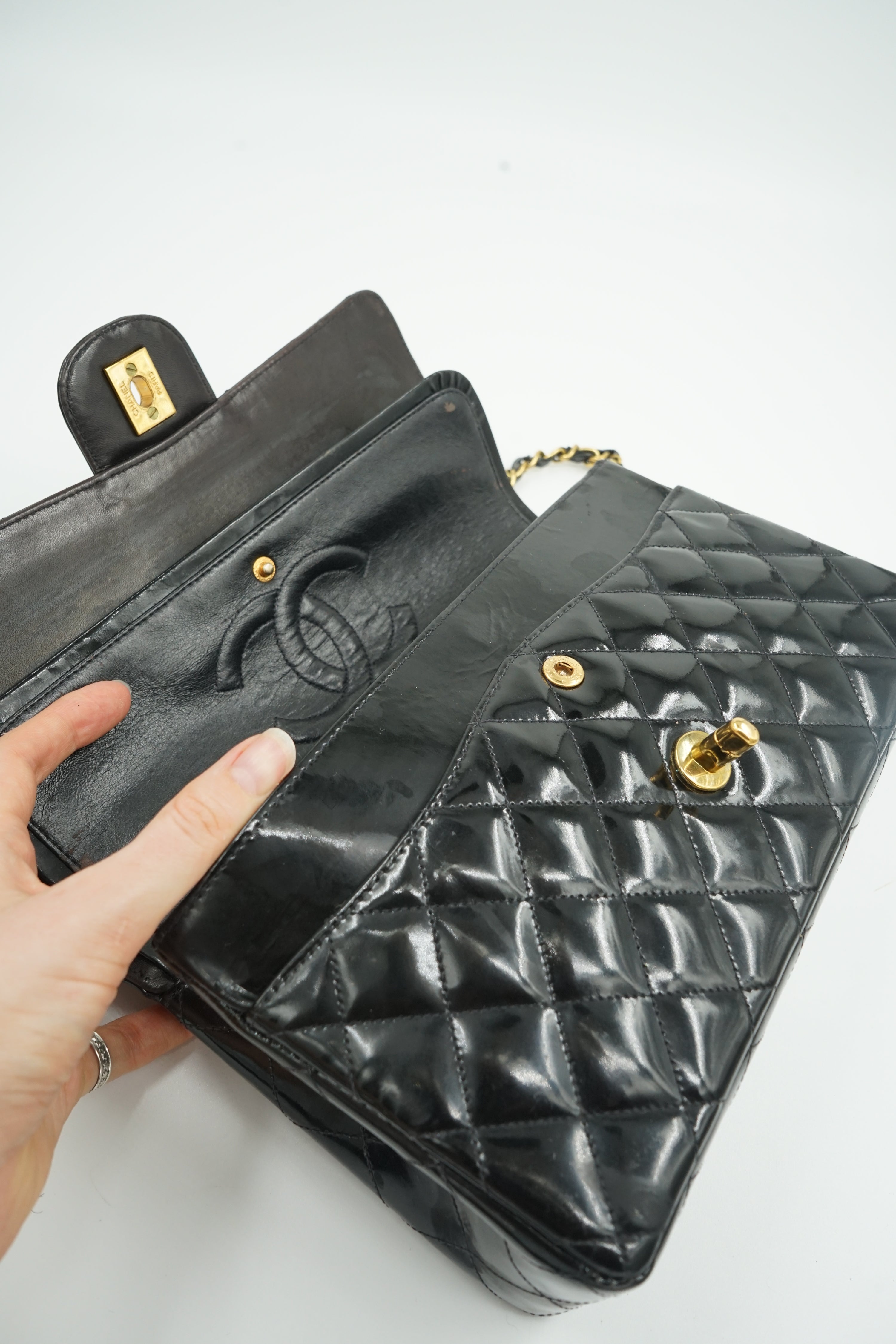 Chanel Medium Double Flap Bag Patent Leather Black