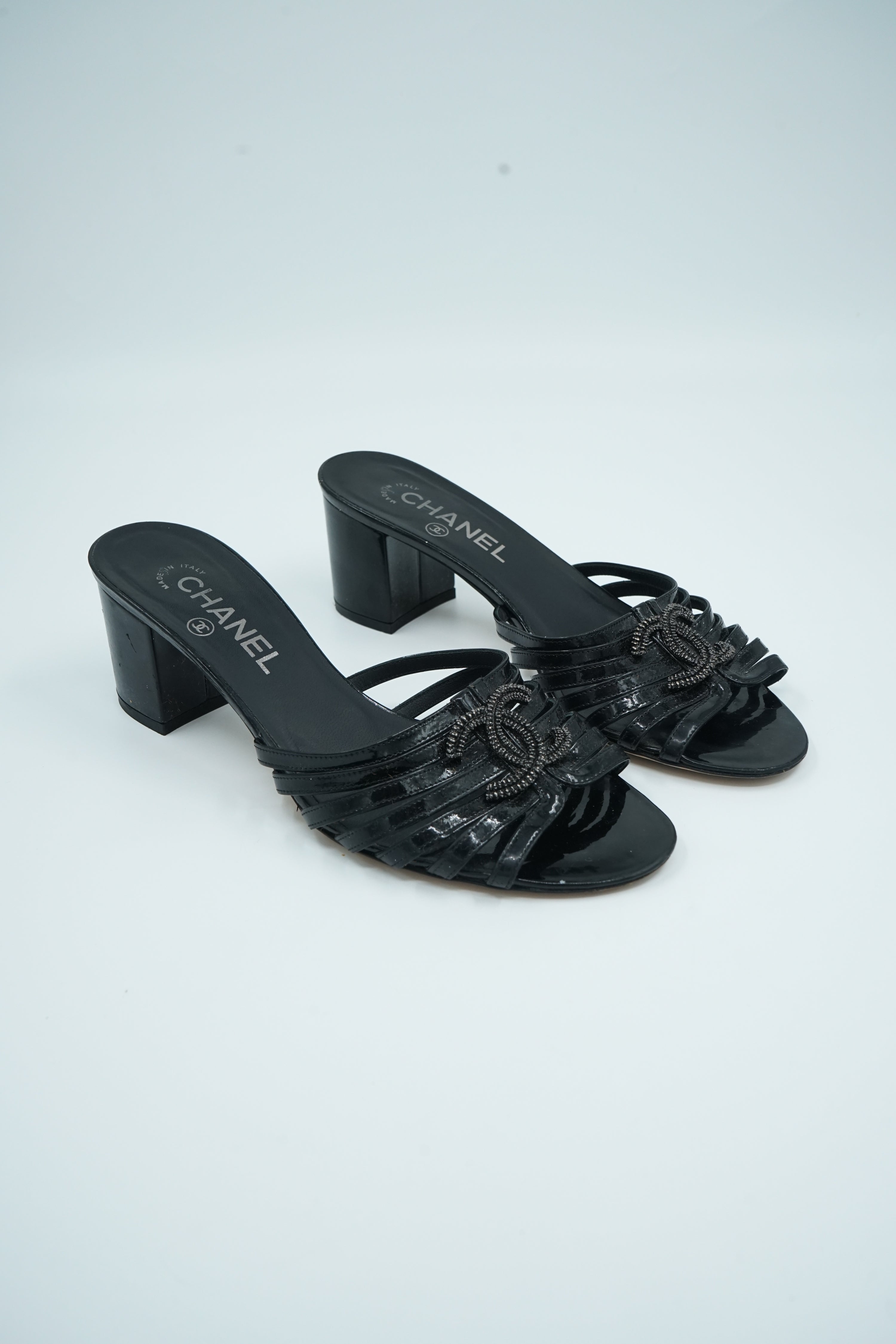 Chanel Patent Logo Heeled Slip Mules