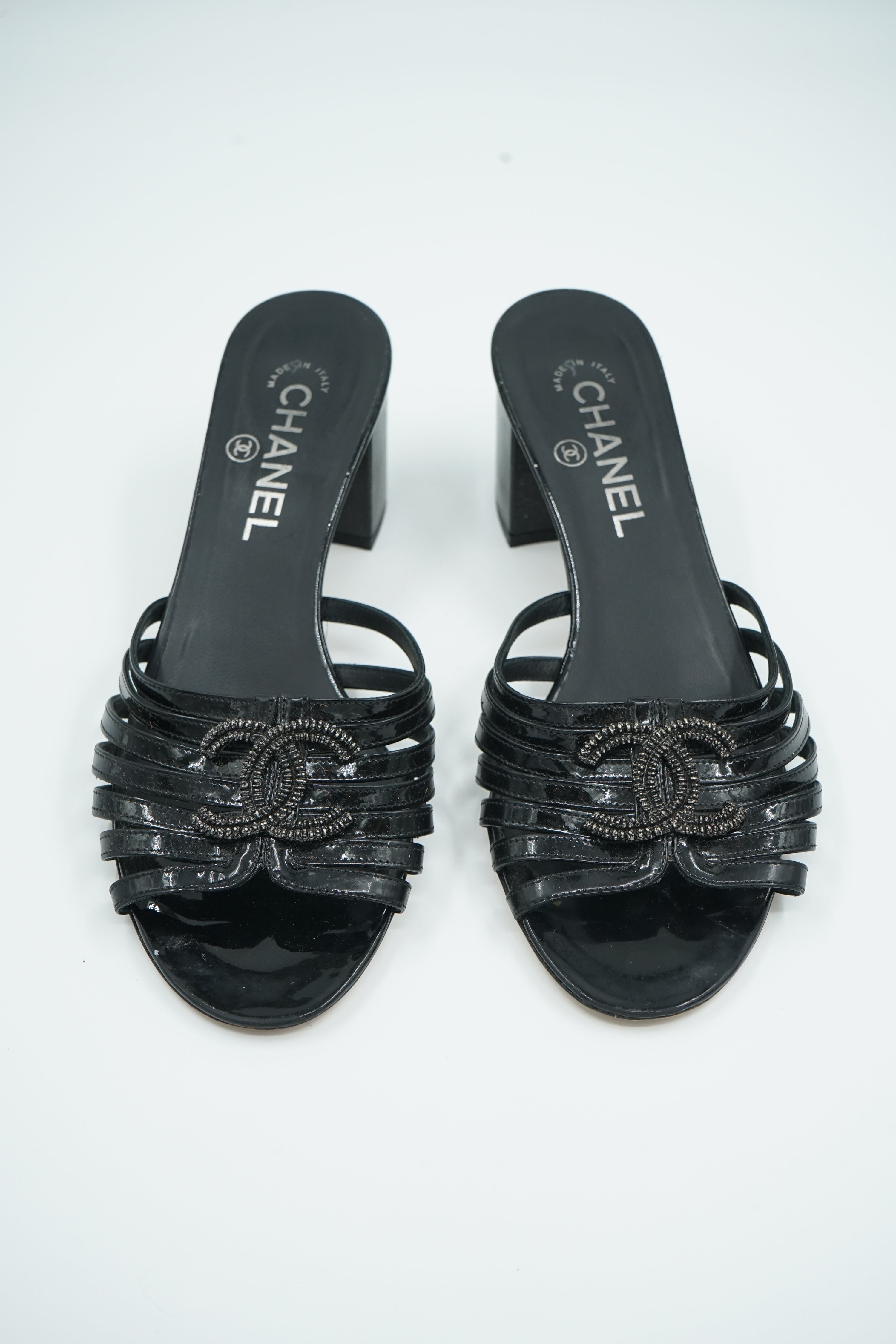 Chanel Patent Logo Heeled Slip Mules