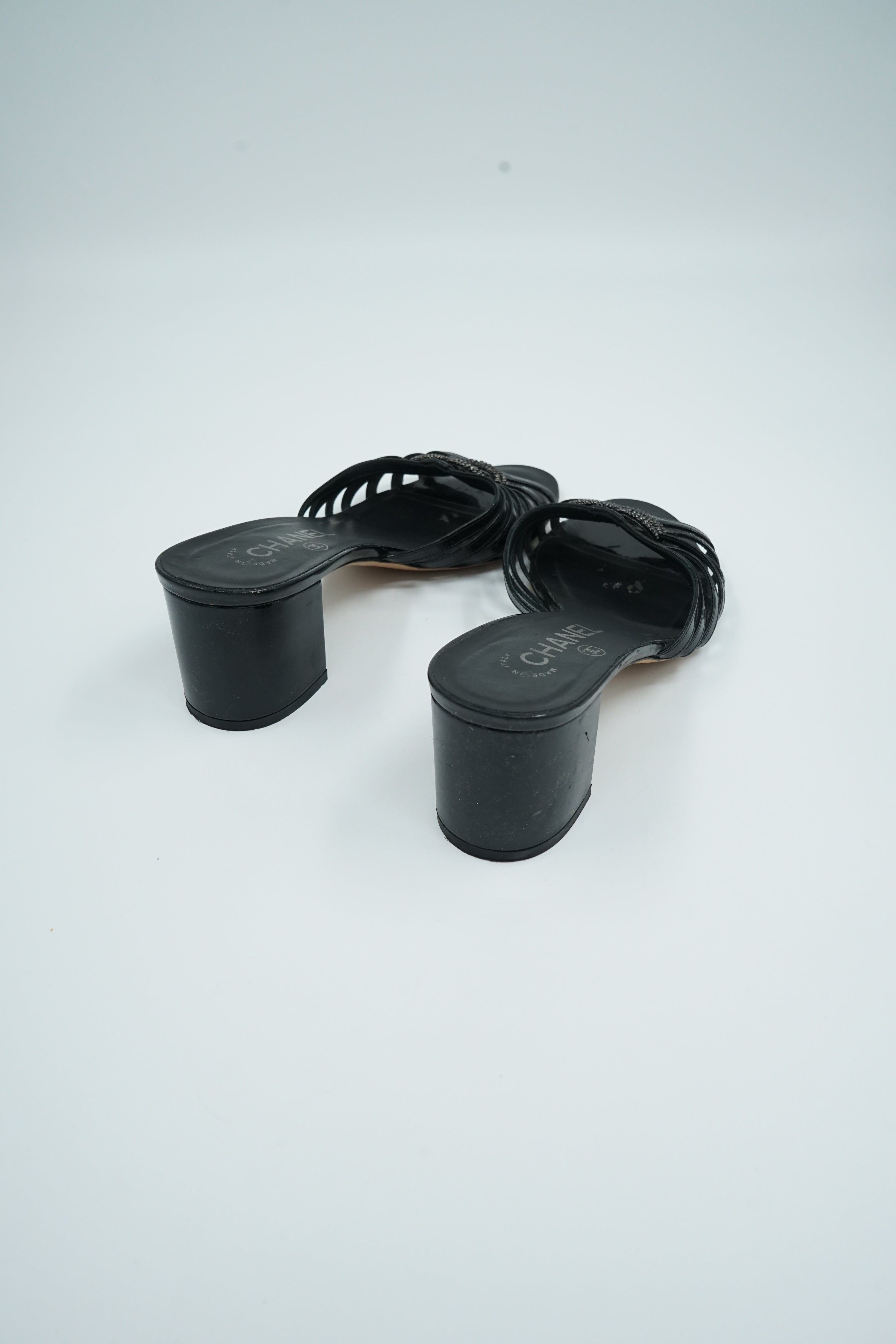 Chanel Patent Logo Heeled Slip Mules