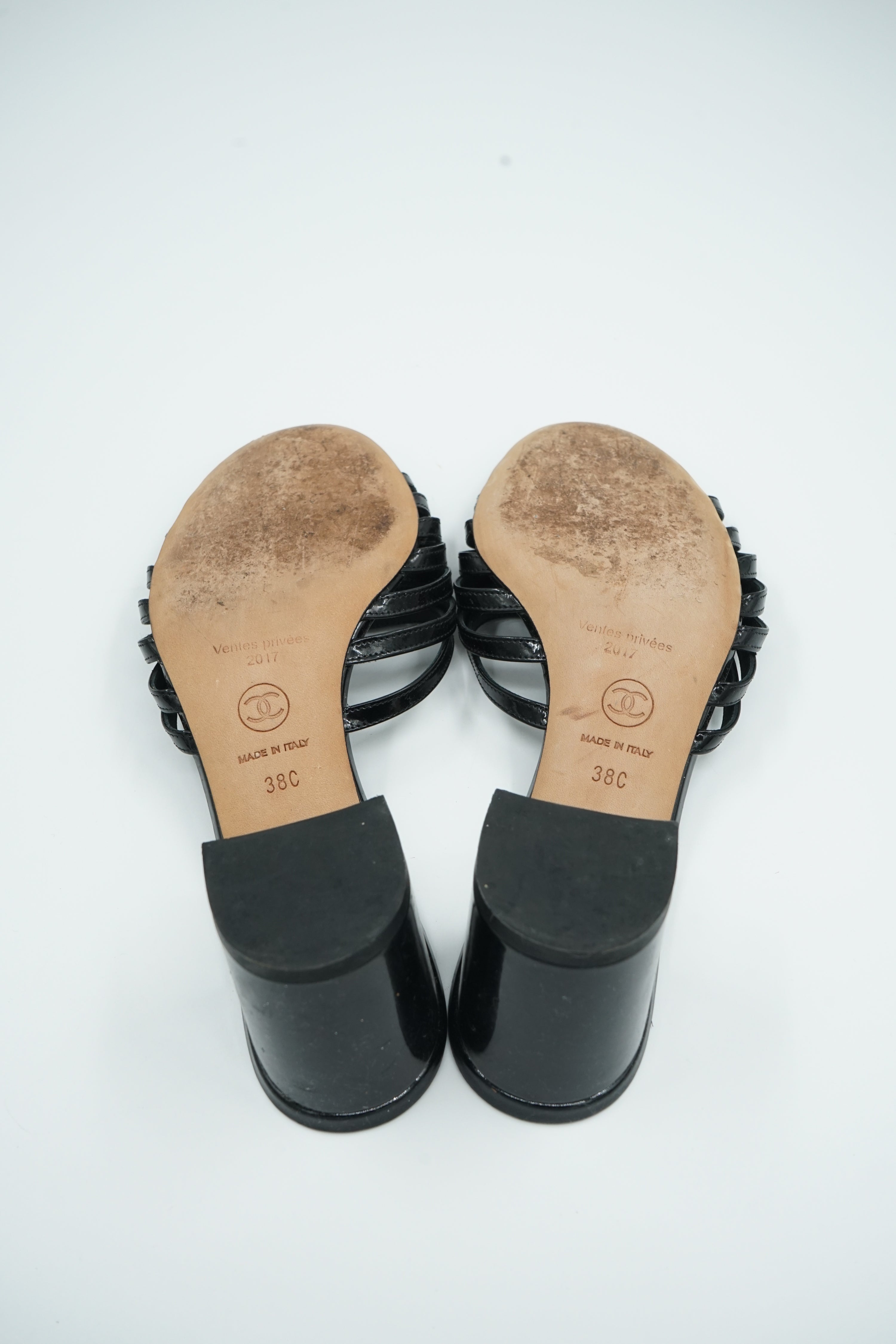 Chanel Patent Logo Heeled Slip Mules