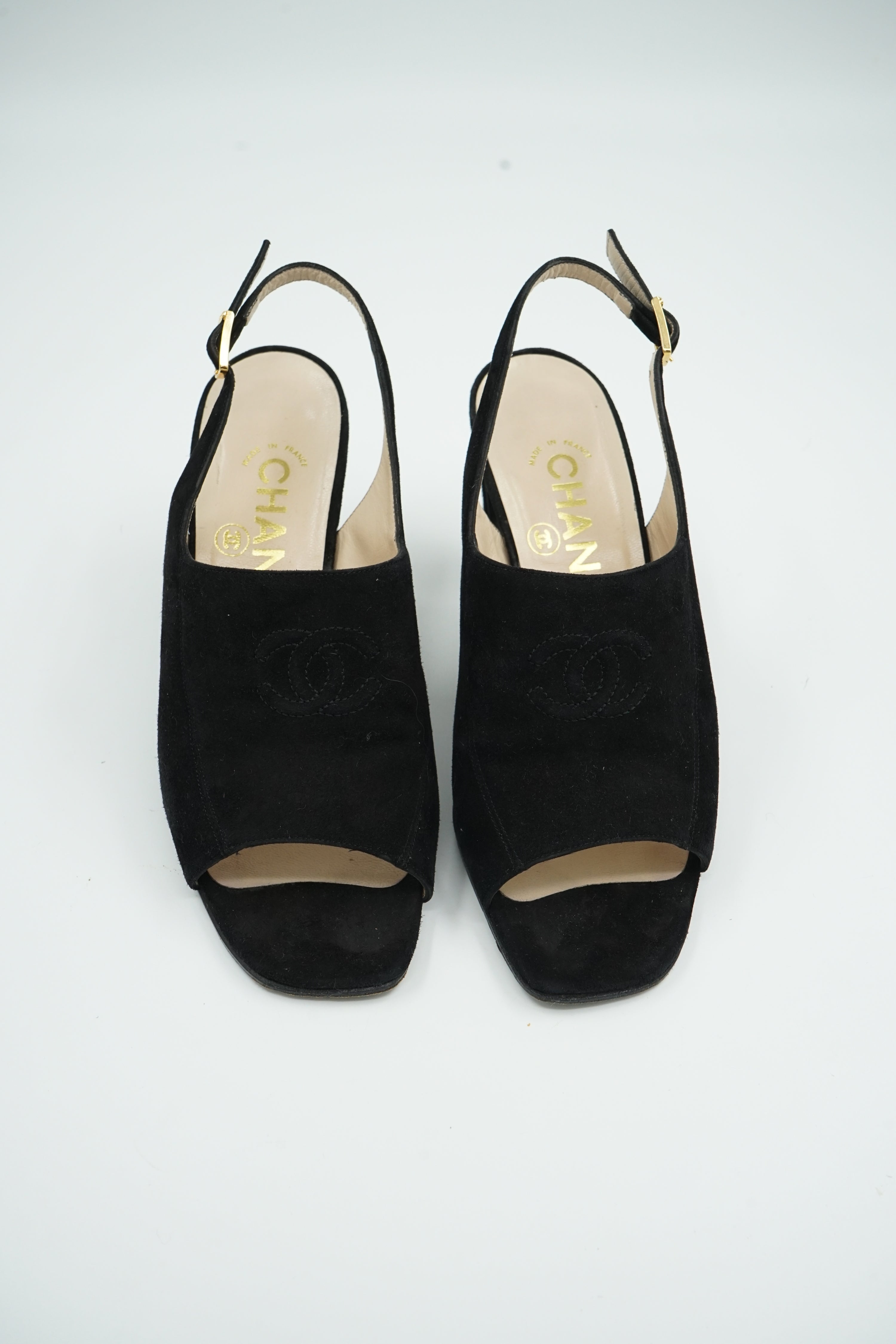 Chanel Heeled CC Embossed Logo Mules