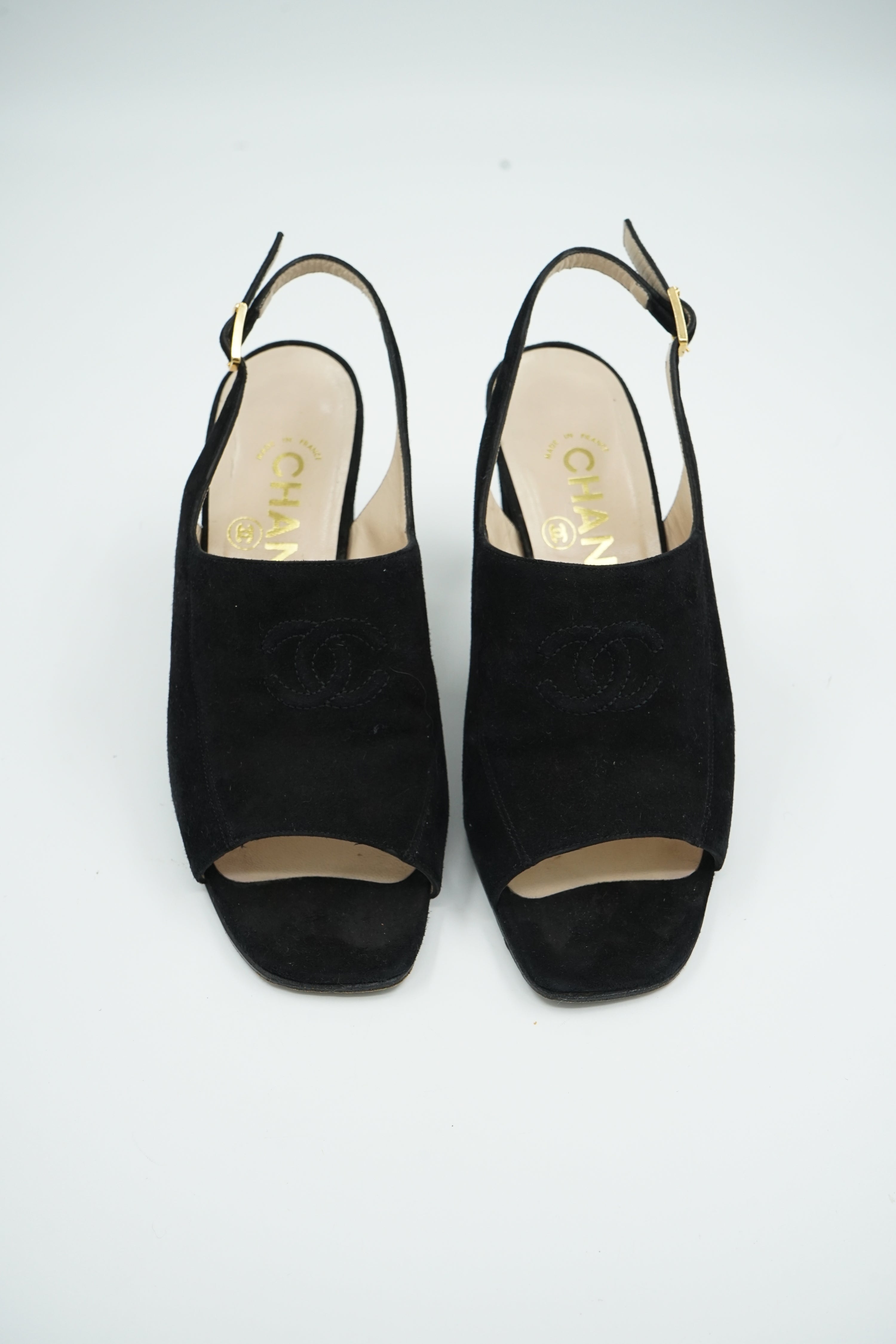 Chanel Heeled CC Embossed Logo Mules