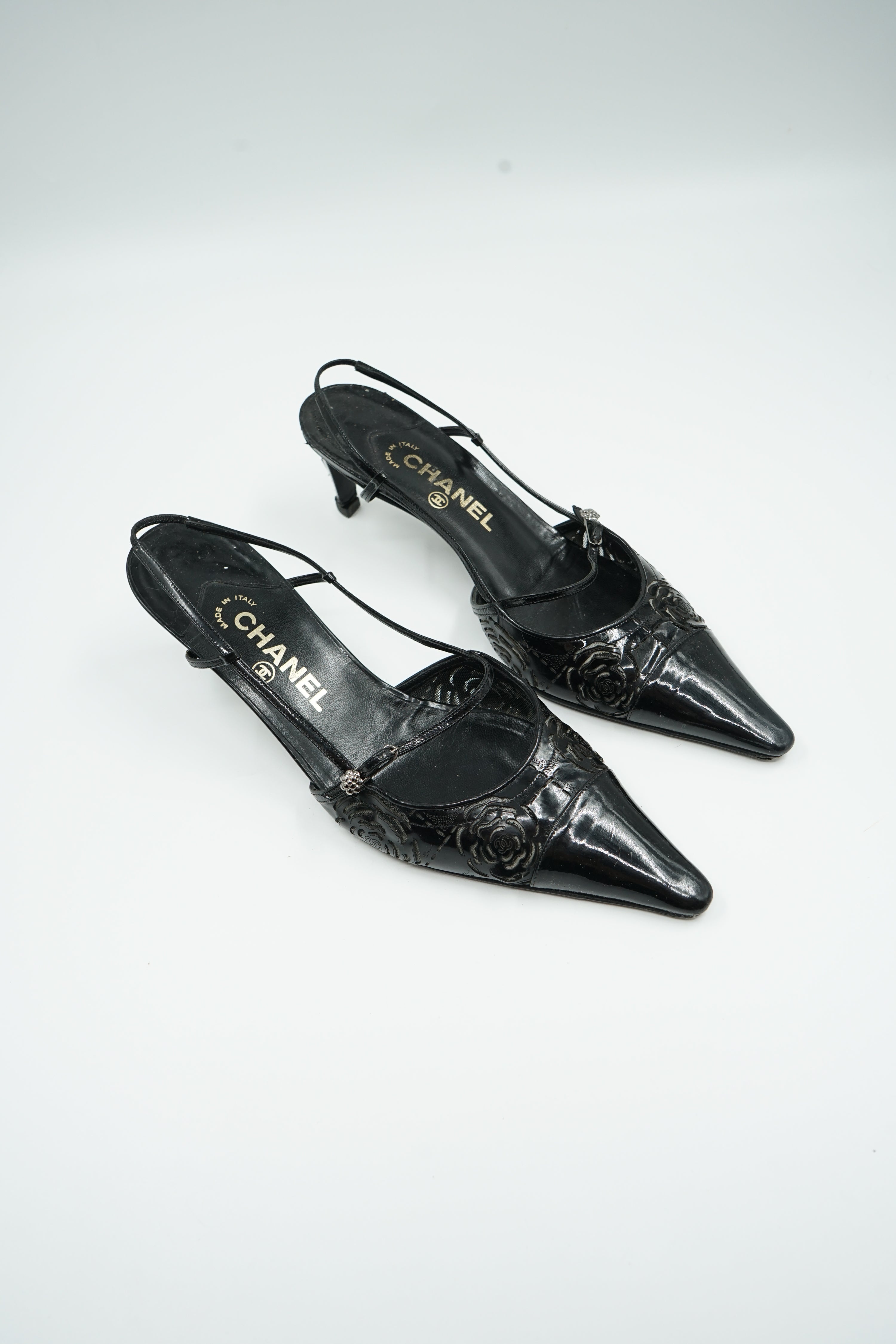 Chanel Patent Camellia Heels
