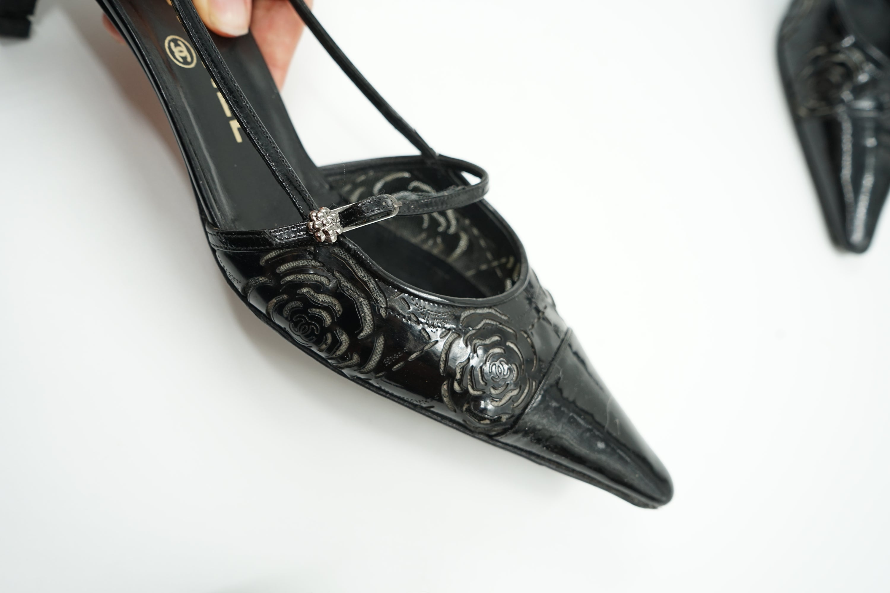 Chanel Patent Camellia Heels