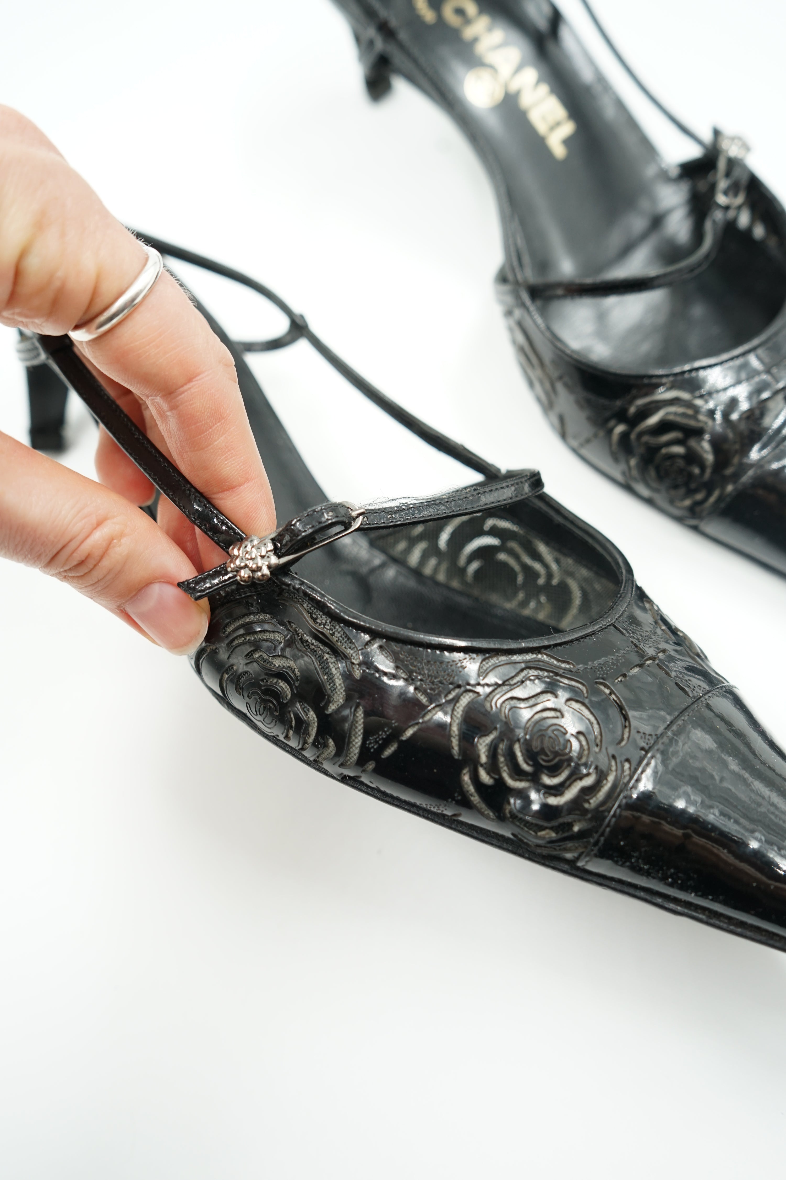 Chanel Patent Camellia Heels