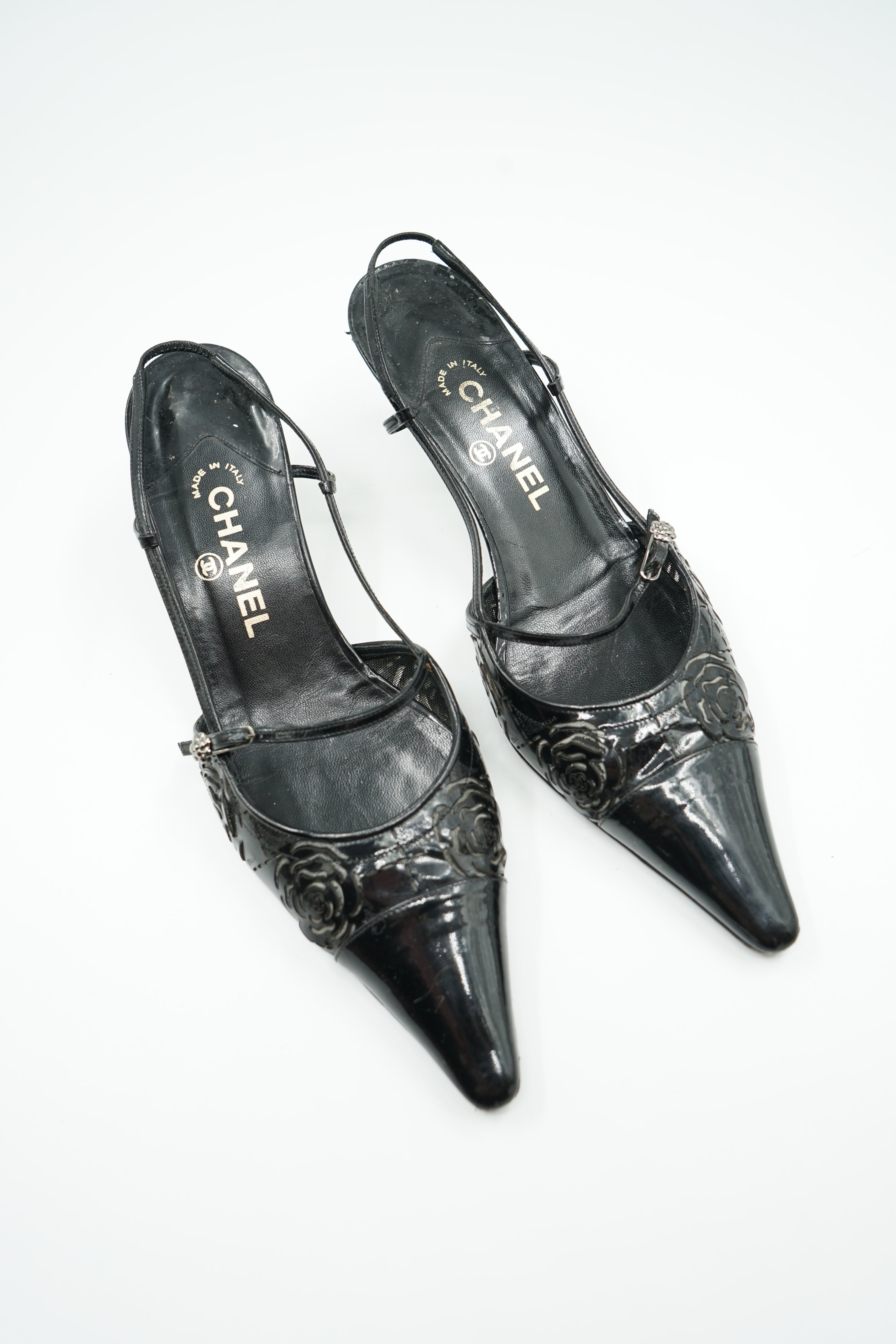 Chanel Patent Camellia Heels