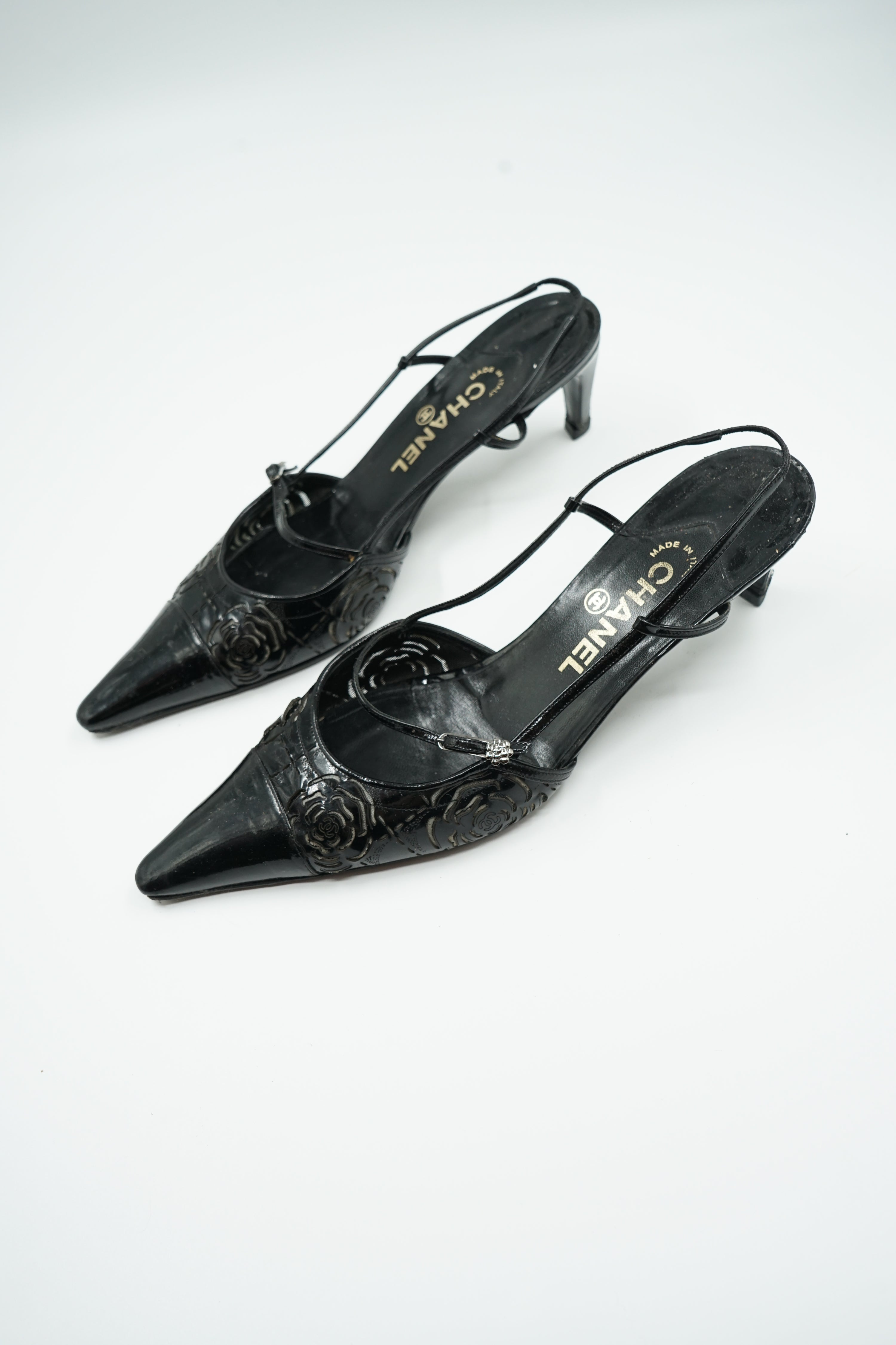 Chanel Patent Camellia Heels